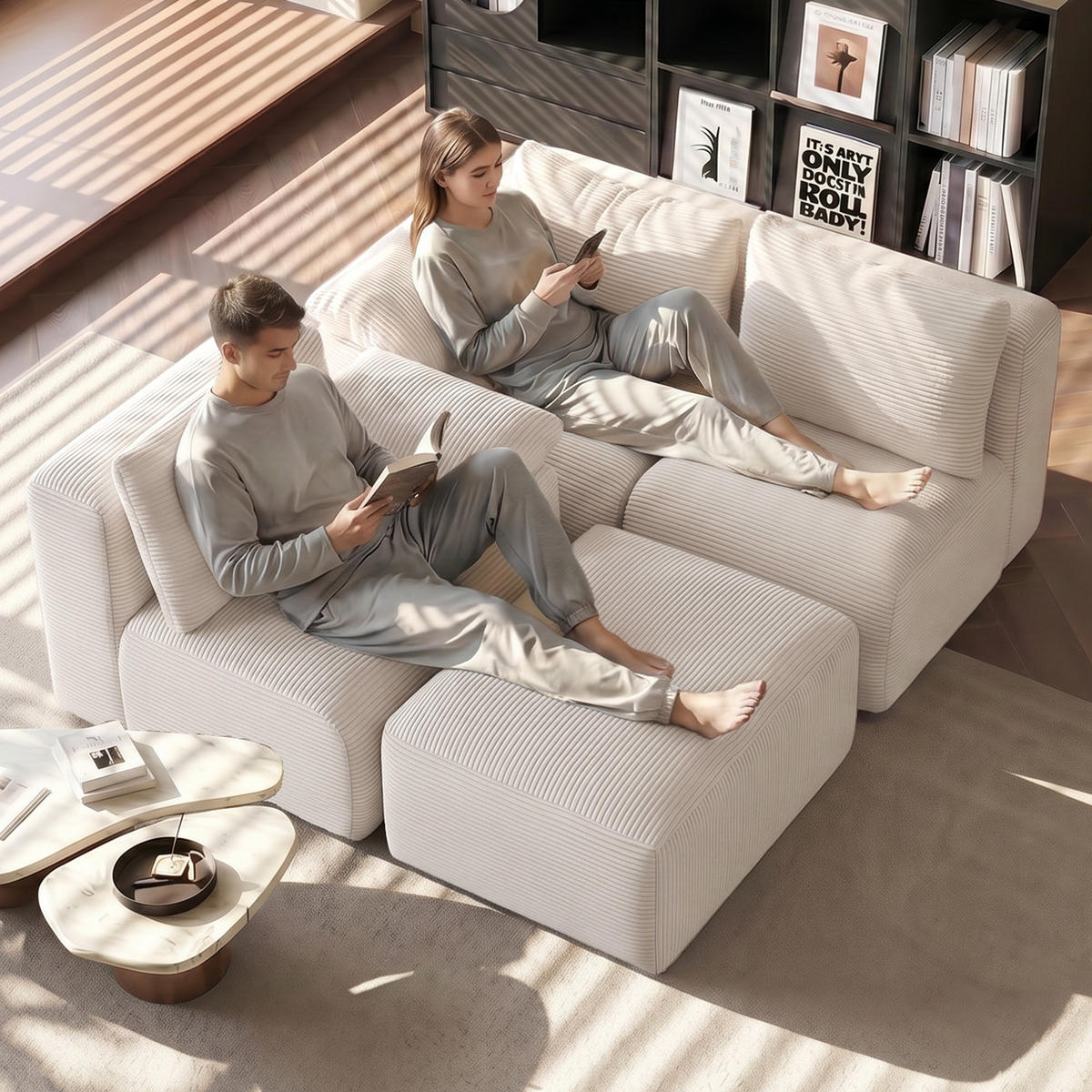ECKSOFA,3-SITZER-SOFA, Stoffsofa L Form Cordstoff mit Hocker,Beige - Beige, Textil (264/89cm) - PARAFTA HOME