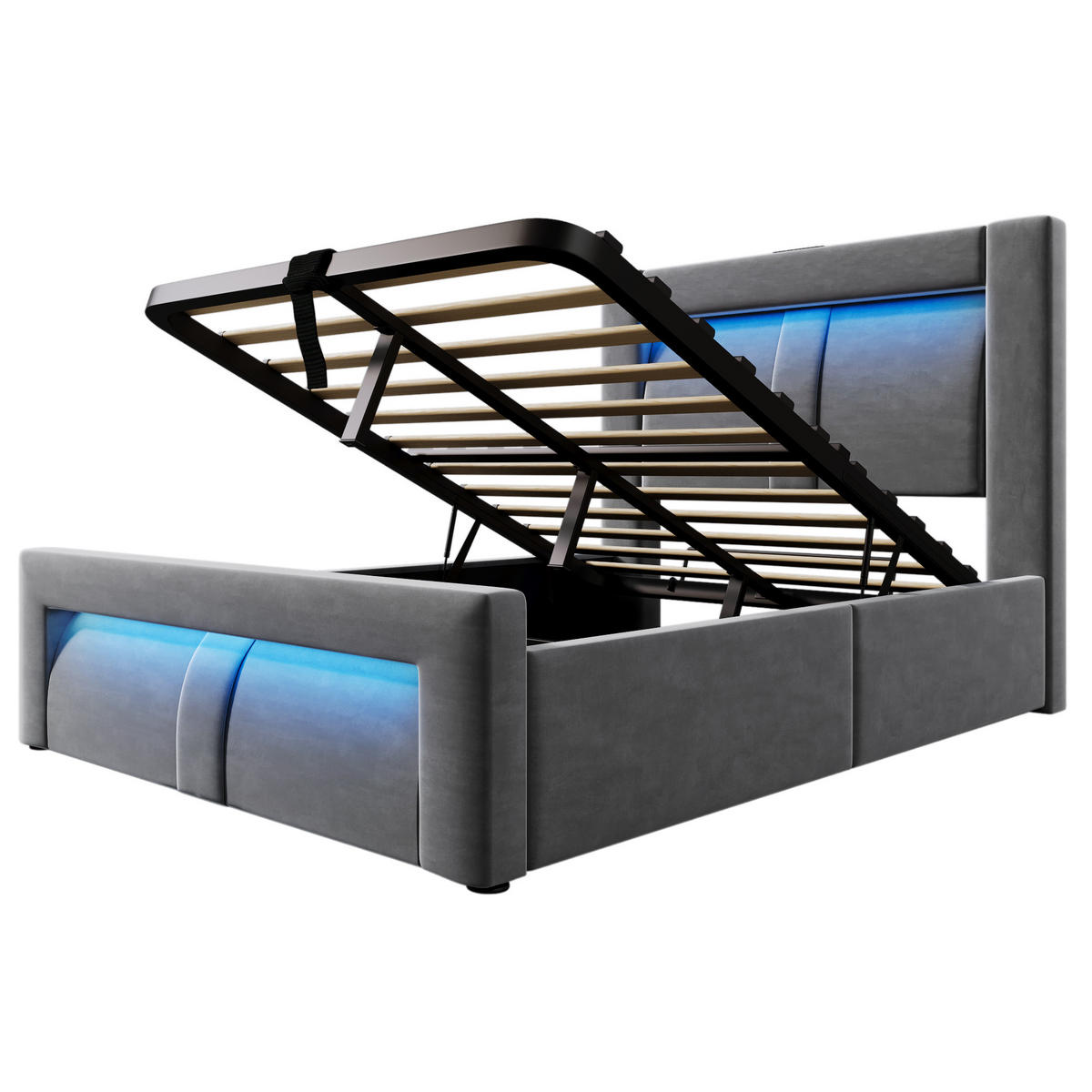 POLSTERBETT 90/200 cm Grau aus Samt mit Stauraum und LED mit Matratze - Grau, Textil (90/200cm) - OKWISH