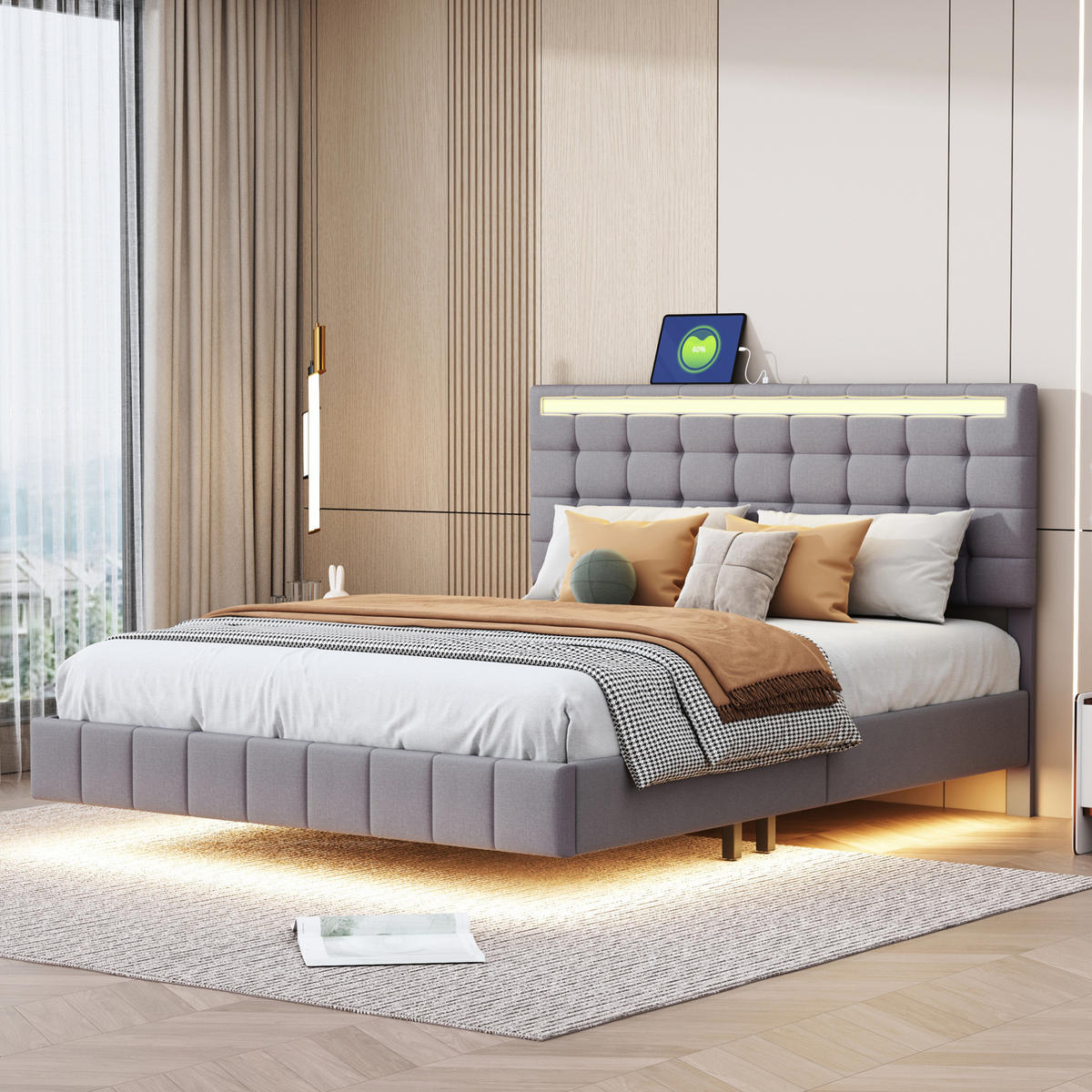 ČALÚNENÁ posteľ 140/200 cm s LED osvetlením a skrytými nohami, moderný vzhľad a priedušný poťah, Sivá - sivá, textil (140/200cm) - Redom