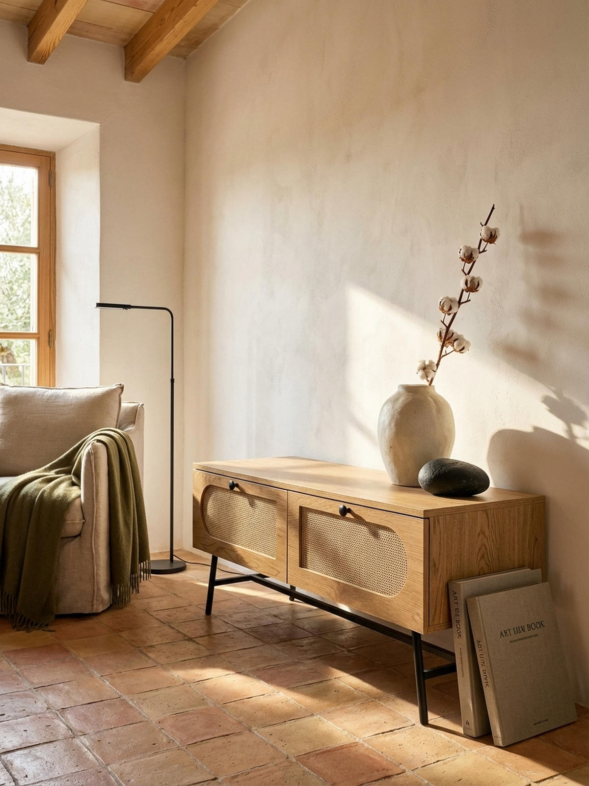 LOWBOARD Eiche-Dekor Rattan Modern Stil 100x45x40 cm mit Schubladen - Schwarz/Braun, Holzwerkstoff/Metall (100/45/40cm) - KADIMA DESIGN