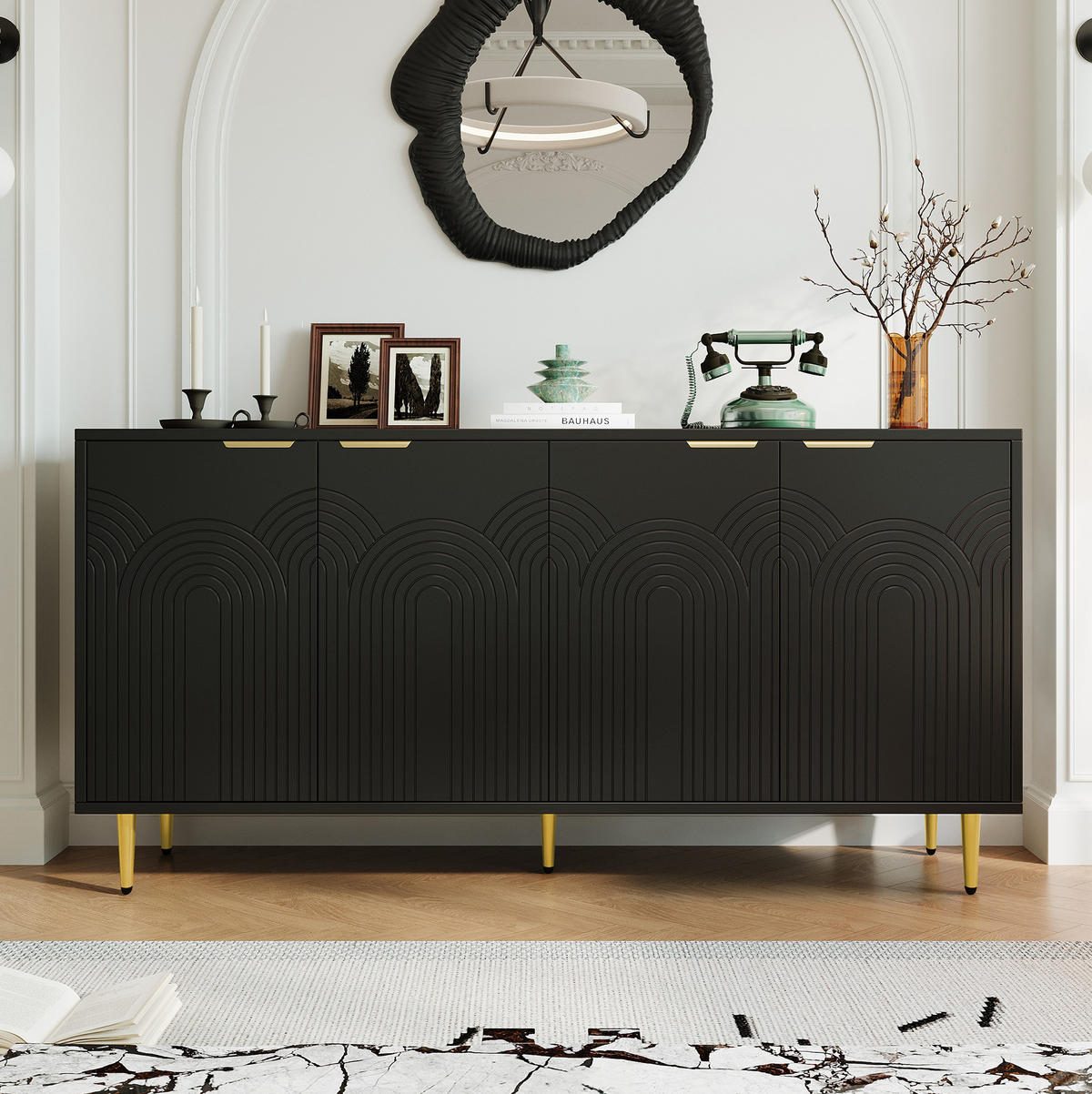 SIDEBOARD 160/40/80 cm Schwarz aus MDF und Spanplatte mit 4 Türen - Schwarz, Holzwerkstoff (40/80/160cm) - OKMYHOME