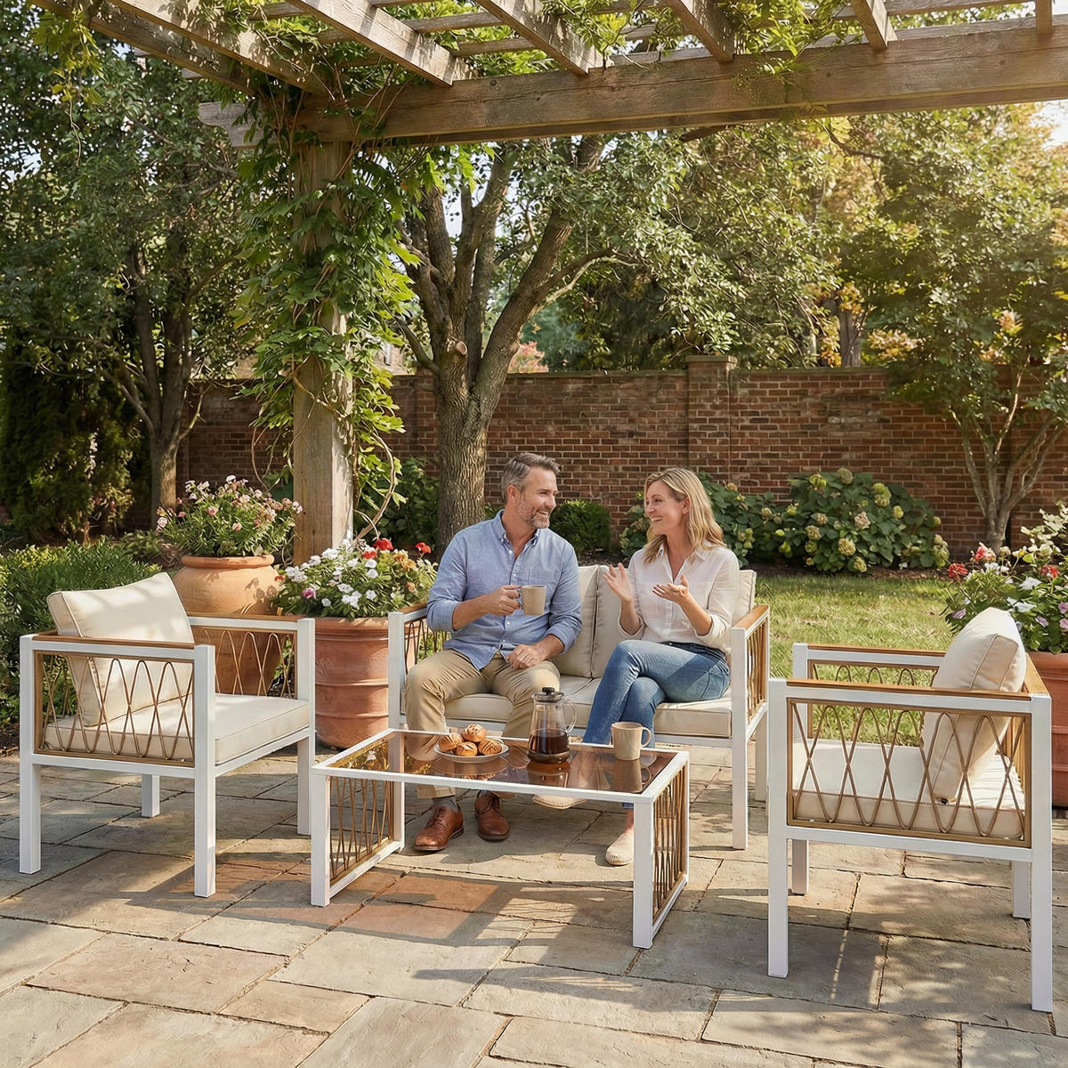 GARTENMÖBEL SET DE-06762 4-teilig mit Zweisitzer, 2 Sesseln & Glastisch Grau - Creme, Kunststoff/Metall - ComfortXL