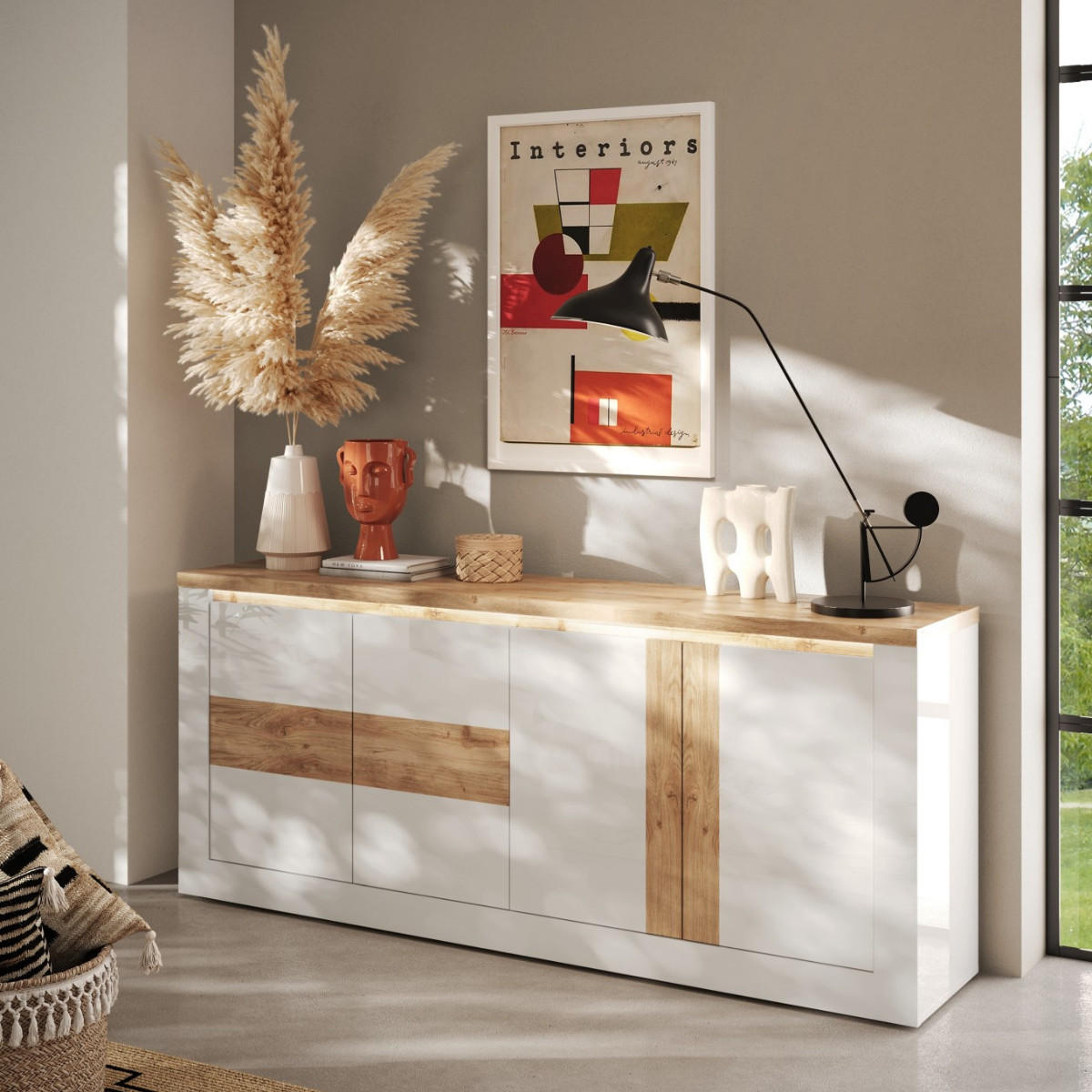 SIDEBOARD 4?türig mit LED?Beleuchtung Eichendekor und Weiß 207/43/88 cm - Weiß, Holzwerkstoff (43/88/207cm) - Calicosy