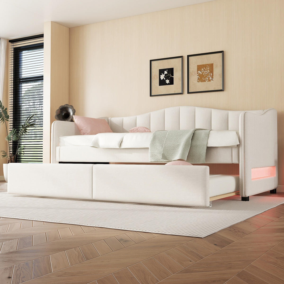 POLSTERBETT 90/200 cm Beige aus Leinen mit ausziehbarem Rollbett - Beige, Textil (90/200cm) - OKMYHOME