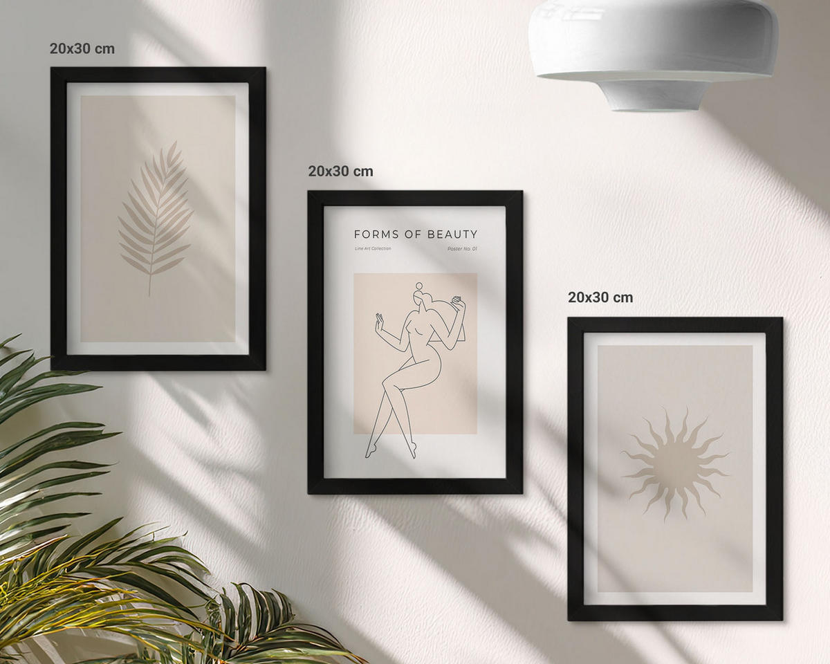 BILDER SET 3er Set - 20x30 cm Schwarzer Rahmen - Eine Sammlung minimalistischer Formen - Schwarz, Kunststoff (20/30cm) - TULUP