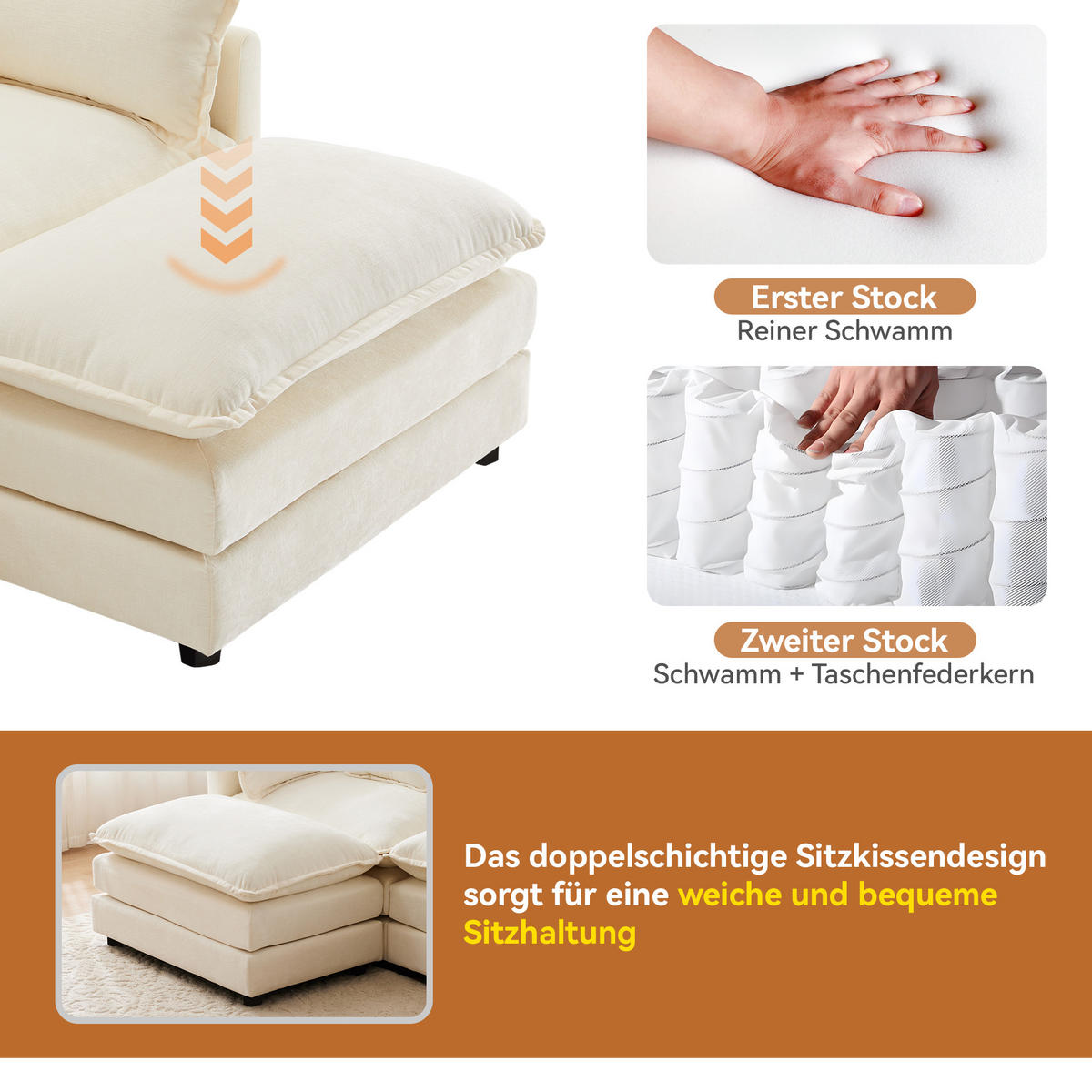 3-SITZER ECKSOFA Chenille Beige mit Kissen und Hocker - Beige, Holzwerkstoff/Kunststoff (283/147cm) - WISHDOR