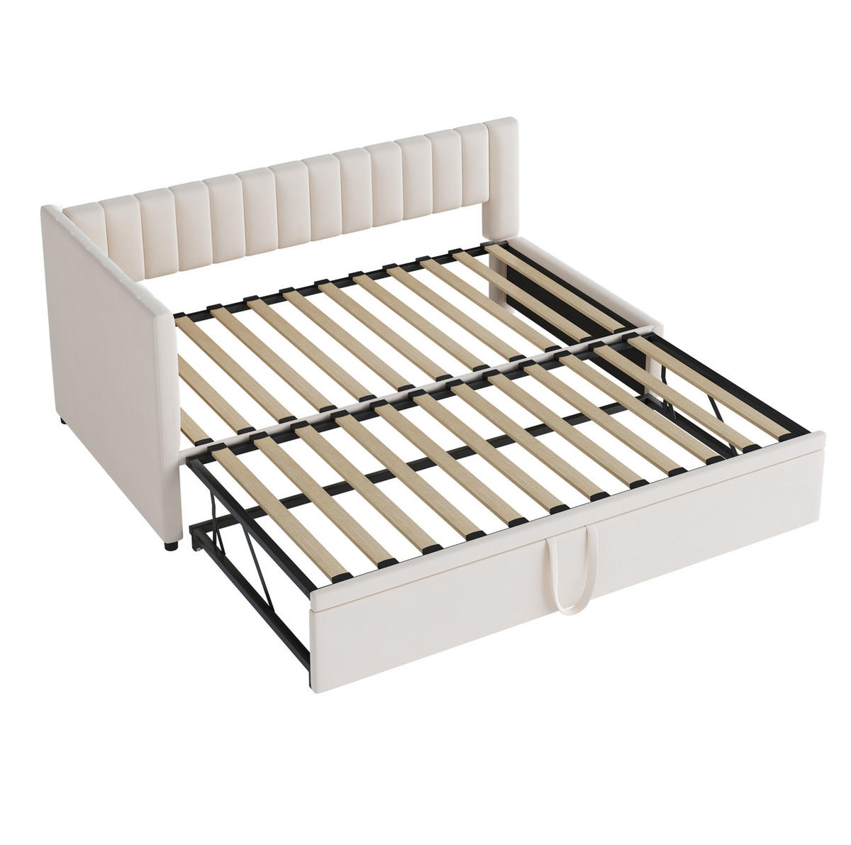 SAMT-POLSTERBETT 90/200 cm Beige mit Ausziehbett und gepolstertem Kopfteil - Beige, Textil (90/180cm) - BEAOK
