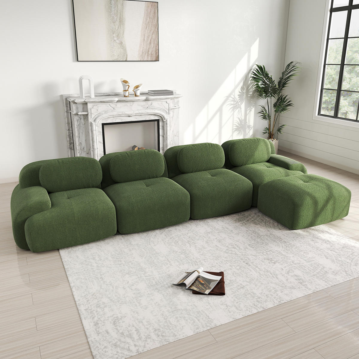 ECKSOFA modular rahmenlos mit 32D-Hochdichteschaum, rutschfester Unterseite und Cordbezug, Grün - Grün, Textil (388/178cm) - Redom