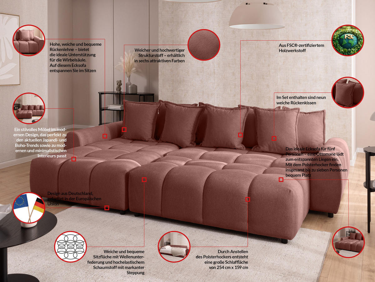 ECKSOFA inkl. Hocker Bubble mit Schlaffunktion und losen Rückenkissen, Sitzfläche Bubble-Optik aus weichem Terrakotta Strukturstoff - Ottomane Links - Terracotta/Schwarz, Holz/Kunststoff (180/306cm) - S-Style Möbel