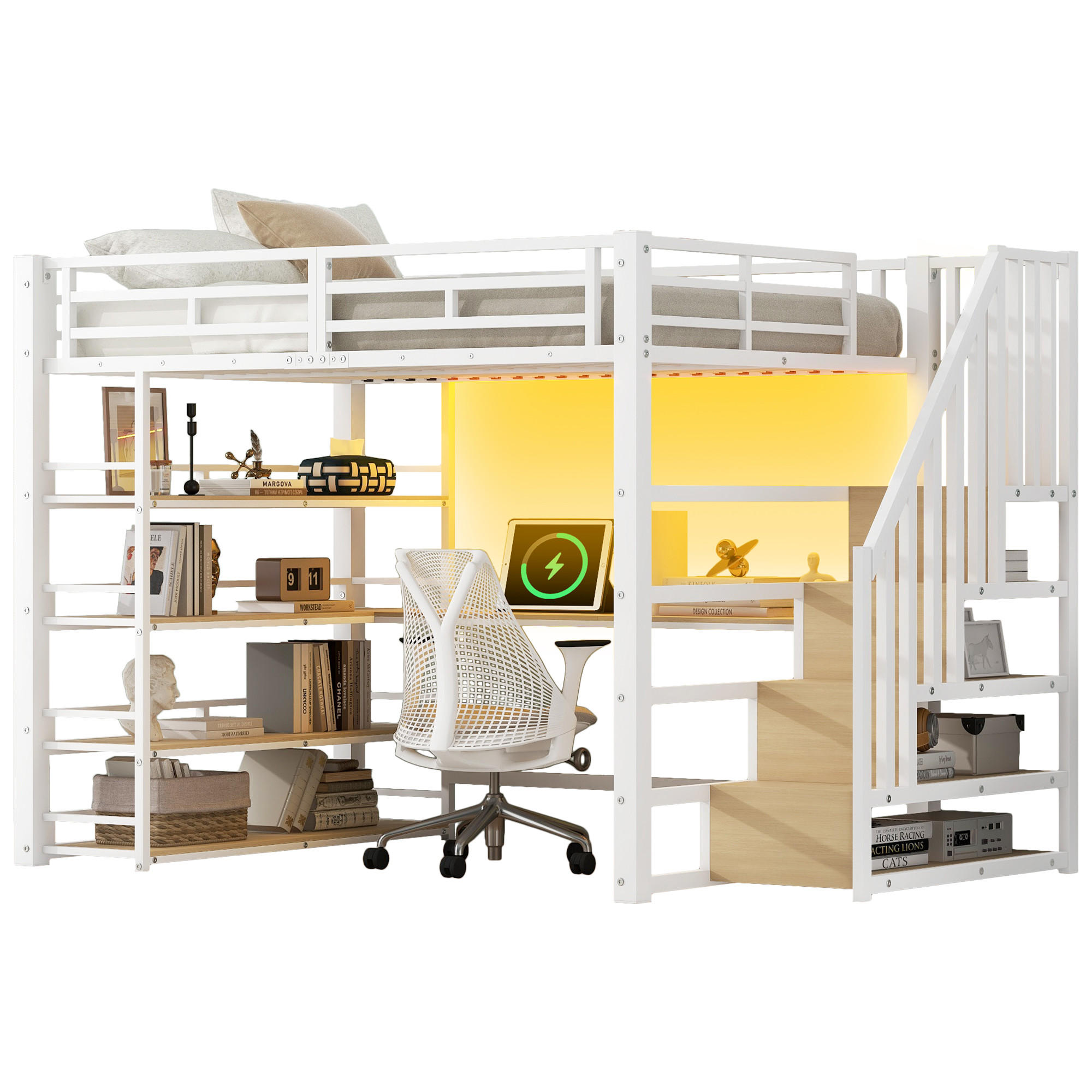 HOCHBETT 140/200 cm in Weiß mit Treppe, Schreibtisch, Regal, LED und USB - Weiß, Holzwerkstoff/Metall (140/200cm) - STILVORA