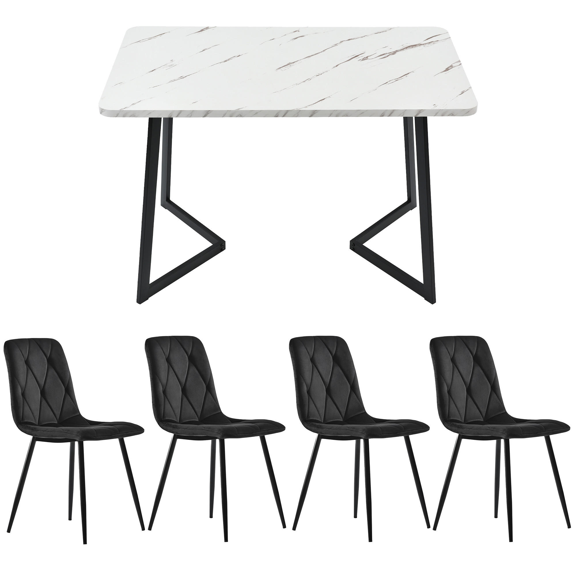 ESSGRUPPE 5-teilig mit Marmoroptik-Esstisch 117×68 und vier schwarzen Samtstühlen als modernes Küchenset, weiß+schwarz - Schwarz, Holzwerkstoff (68/75/117cm) - Luhomfu