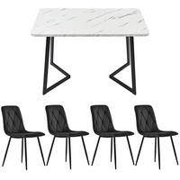 ESSGRUPPE 5-teilig mit Marmoroptik-Esstisch 117×68 und vier schwarzen Samtstühlen als modernes Küchenset, weiß+schwarz - Schwarz, Holzwerkstoff (68/75/117cm) - Luhomfu