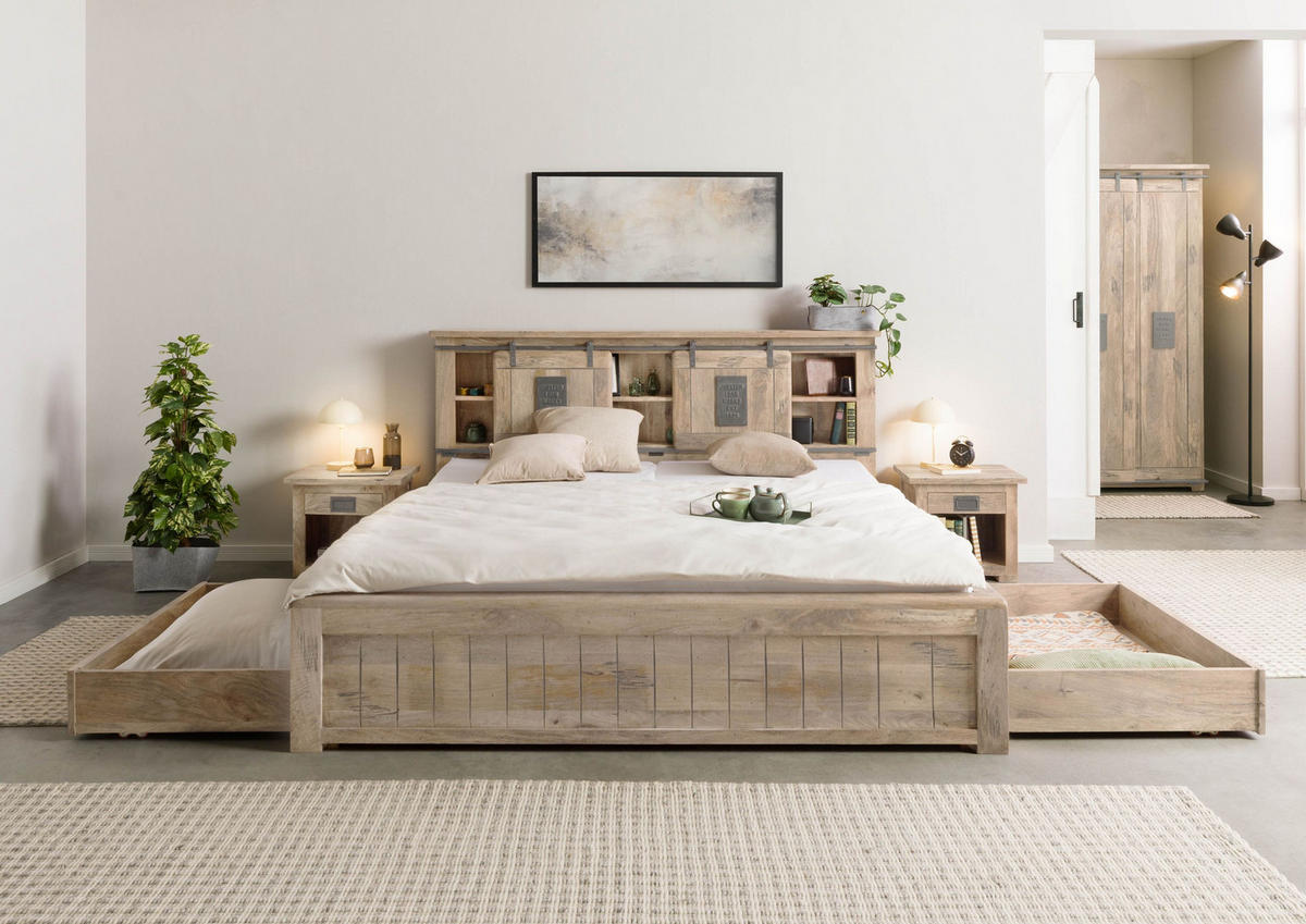HOLZBETT mit Schublade Mango 200x200 beige lackiert RAILWAY #373 - Beige, Holz (200/200cm) - Massivmoebel24