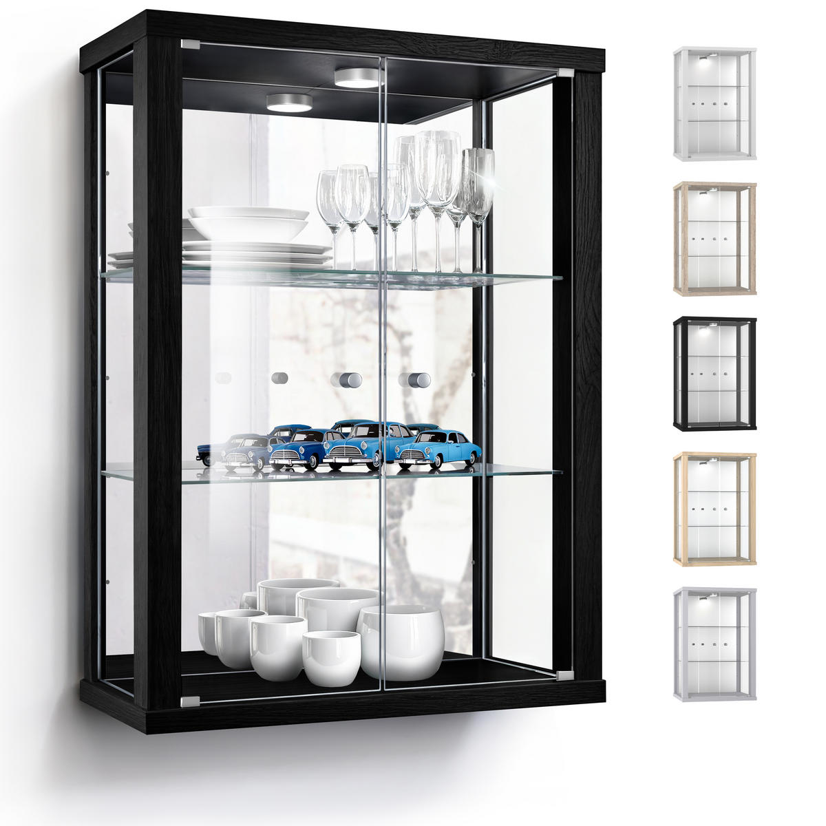 HÄNGEVITRINE 25/60/80 cm mit Spiegel, LED & 2 höhenverstellbaren Glasböden - Transparent/Silberfarben, Glas/Holzwerkstoff (60/80/25cm) - K-Möbel