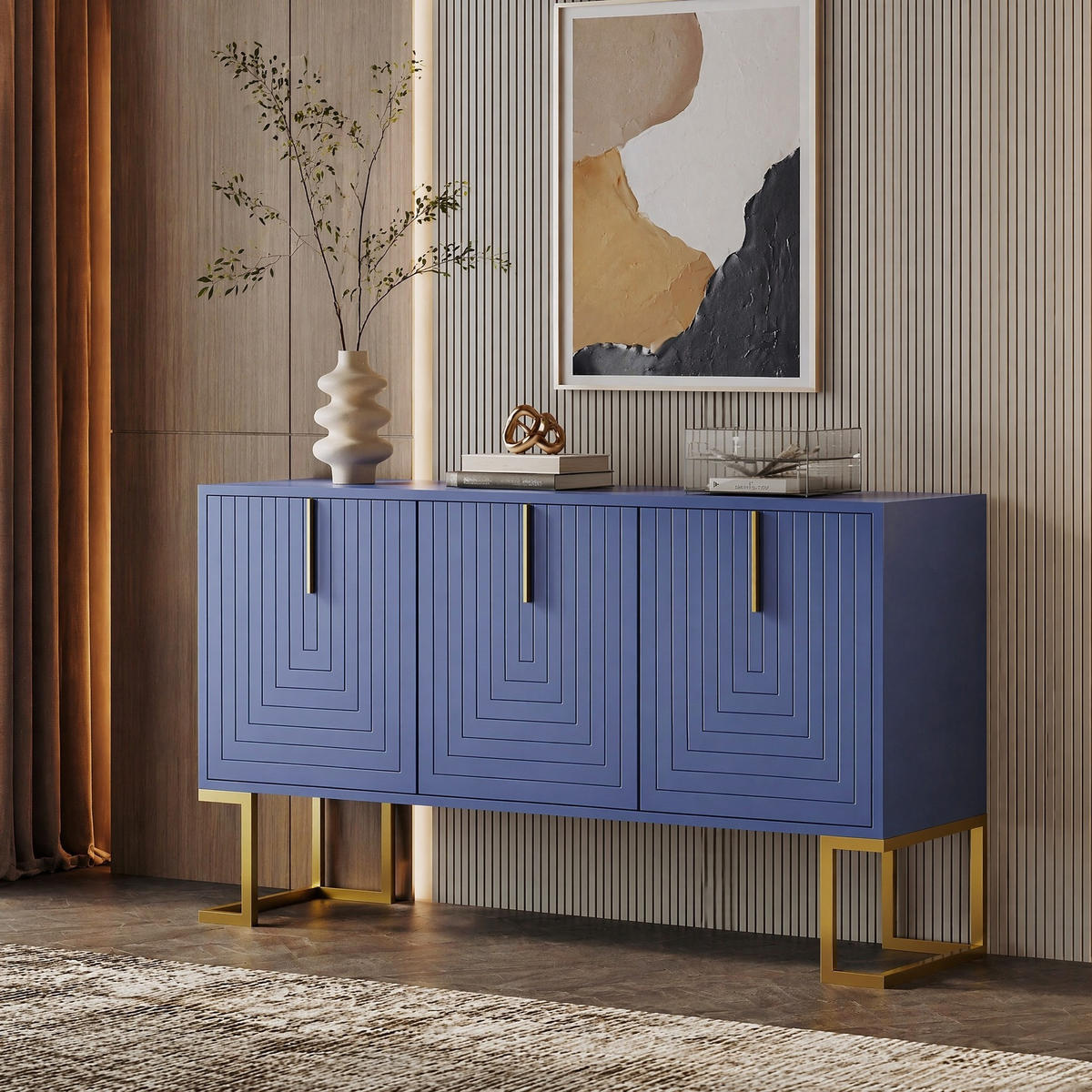 SIDEBOARD in Marineblau Anrichte mit 3 Türen und verstellbaren Regalen für Esszimmer und Küche, B138/T40/H80.5 cm - Goldfarben/Dunkelblau, Holzwerkstoff/Metall (138/80.5/40cm) - STILVORA