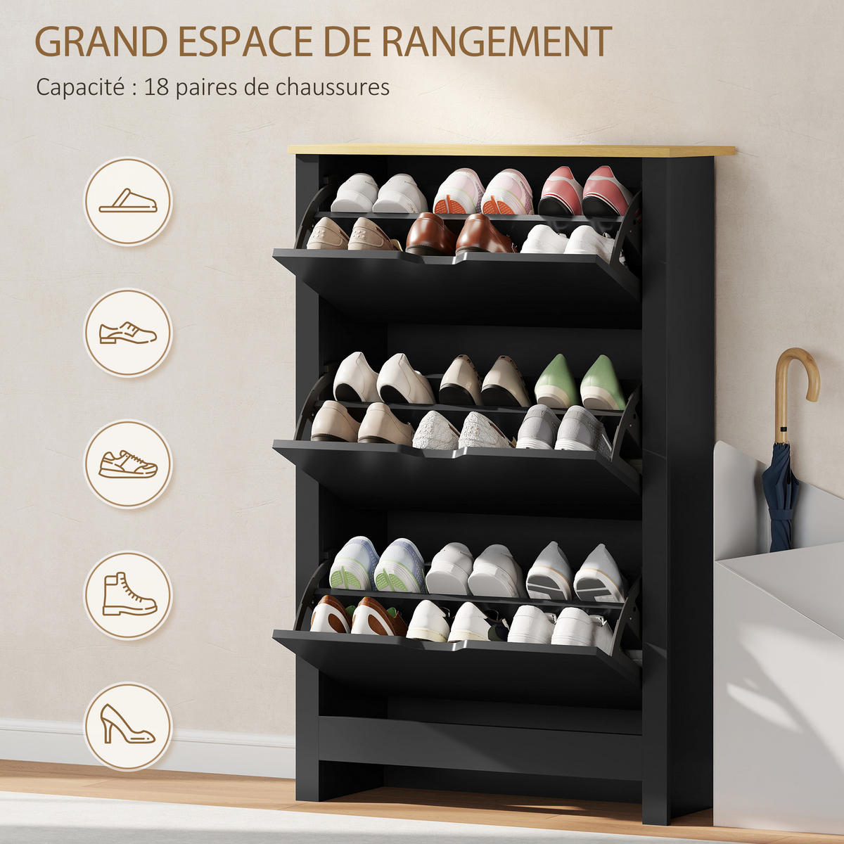 SCHUHSCHRANK Schwarz Eiche Spanplatte mit 3 Klappen platzsparend 1 Stück - Schwarz, Holz (72/112/26cm) - PANGIVO