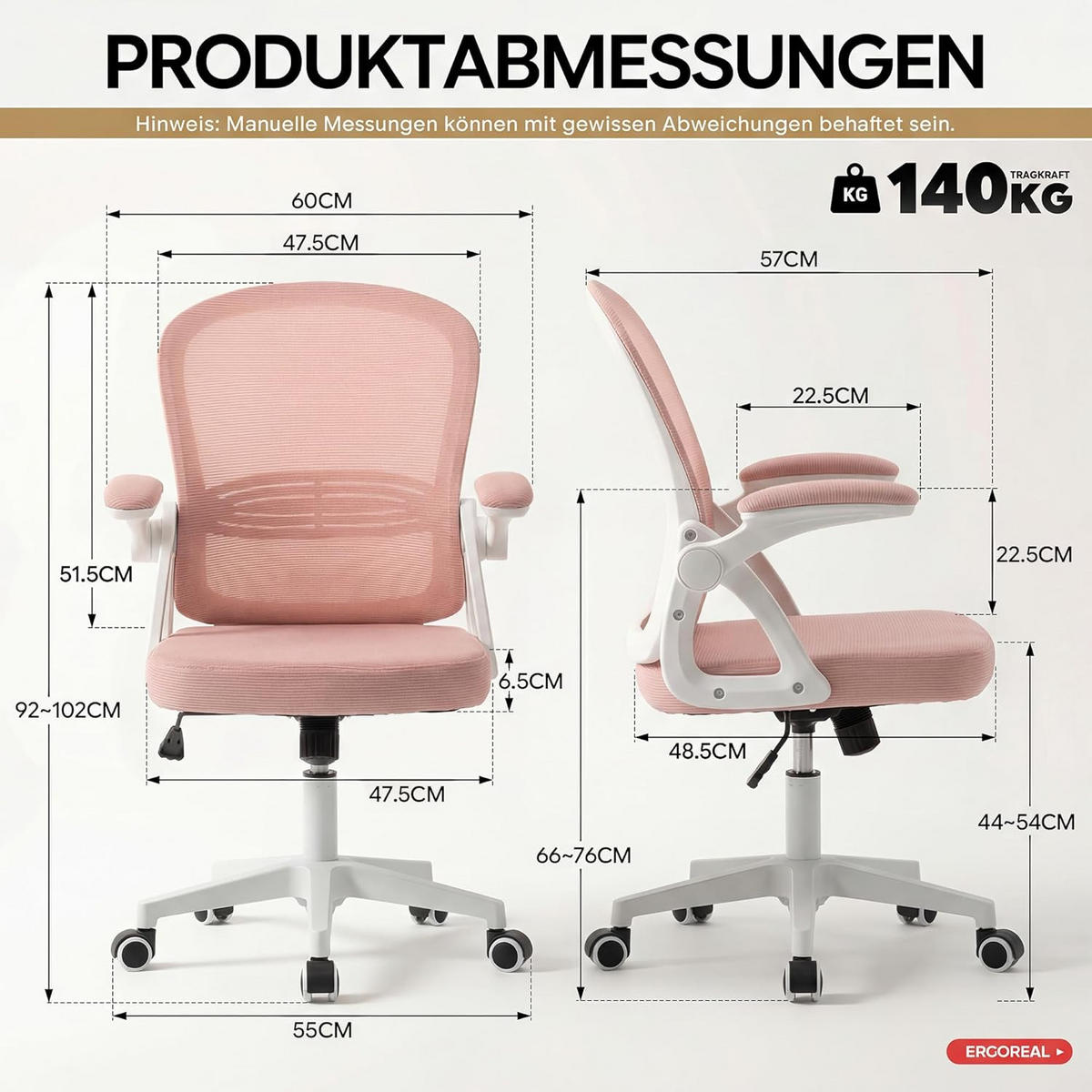 BÜROSTUHL Ergonomischer 90-110°neigbar, 90° Aufklappbare Armlehnen - Rosa, Metall (60/92/57cm)