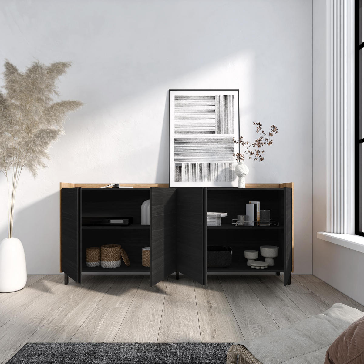 SIDEBOARD, Schwarz und Eiche, 207/35/91cm, mit Beinen - Schwarz, Holzwerkstoff (207/91/35cm) - Skraut Home