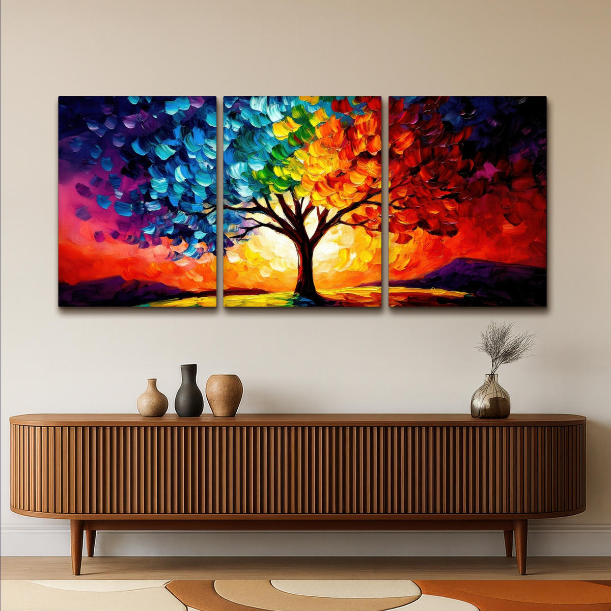 LEINWANDBILD 3er Set Baum - Farbenfroh - Malerei-Look - Abstrakt 180x80 cm - Multicolor, Textil (180/80cm) - MuchoWow