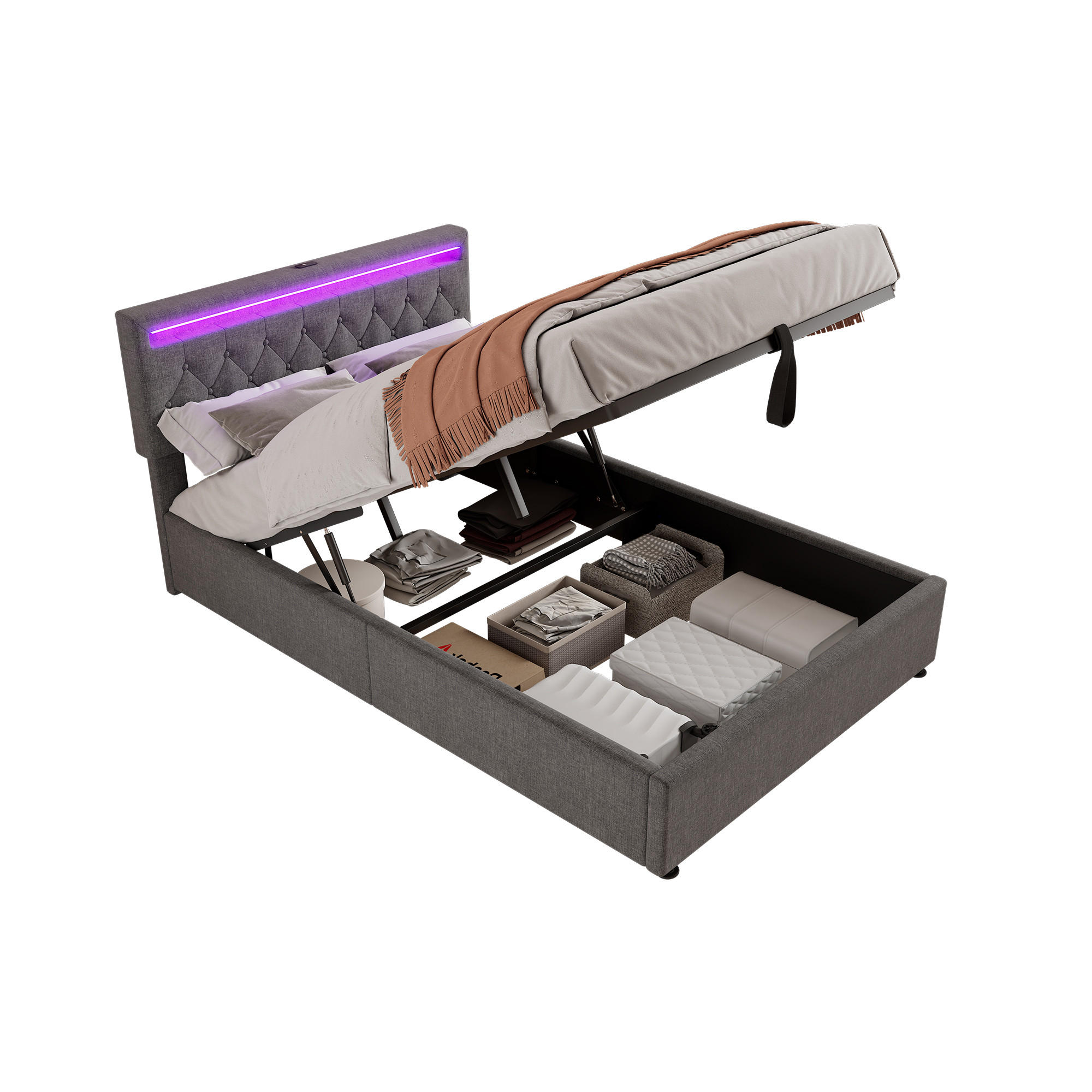 FLACHBETT 140x200cm Grau gepolstert LED Hydraulik USB-C Stauraum - Grau, Holz (140/200cm) - FLIEKS