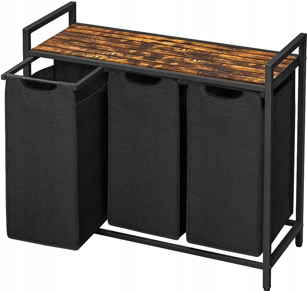 WÄSCHEKORB mit 3 Fächern – rustikaler Braunton/Schwarz - Schwarz/Braun, Holz/Textil (92.5/71/33cm) - VASAGLE