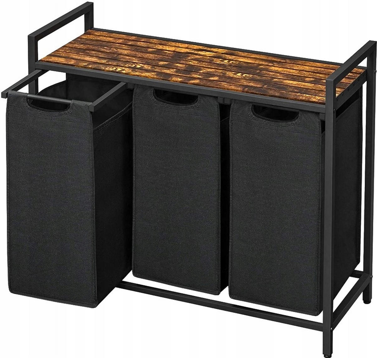 WÄSCHEKORB mit 3 Fächern – rustikaler Braunton/Schwarz - Schwarz/Braun, Holz/Textil (92.5/71/33cm) - VASAGLE