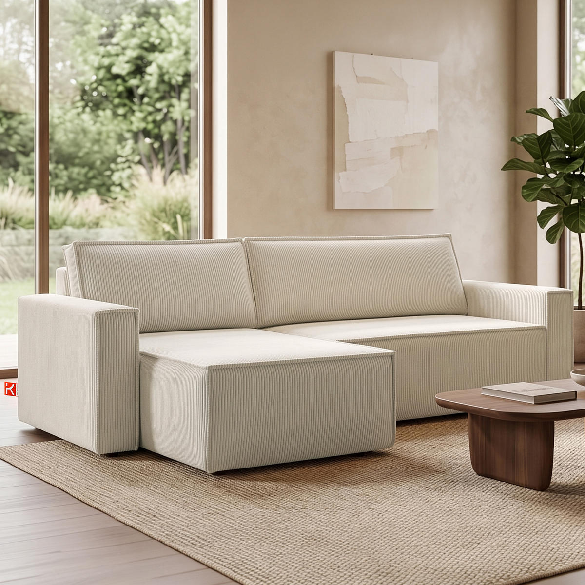 ECKSOFA-LINKS/RECHTS NAPI Schlaffunktion mit Cordbezug, creme - Creme/Schwarz, Textil (246/148cm) - KONSIMO®