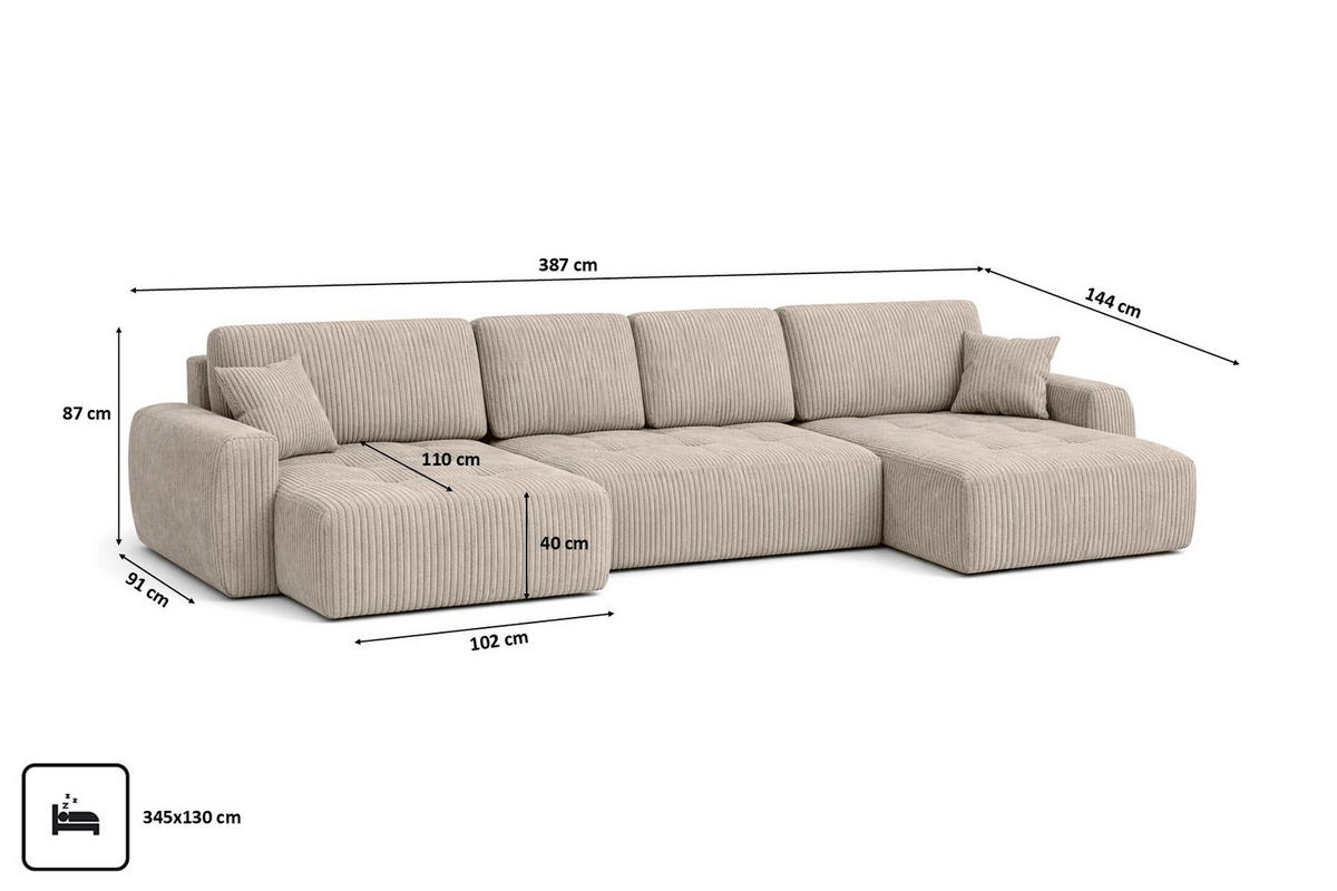 ECKSOFA Mit Schlaffunktion Und Bettkasten U-Form Ivo U XL, Cordstoff Poso, Dunkelbeige - Beige, Holz (387/144cm) - Kaiser Möbel