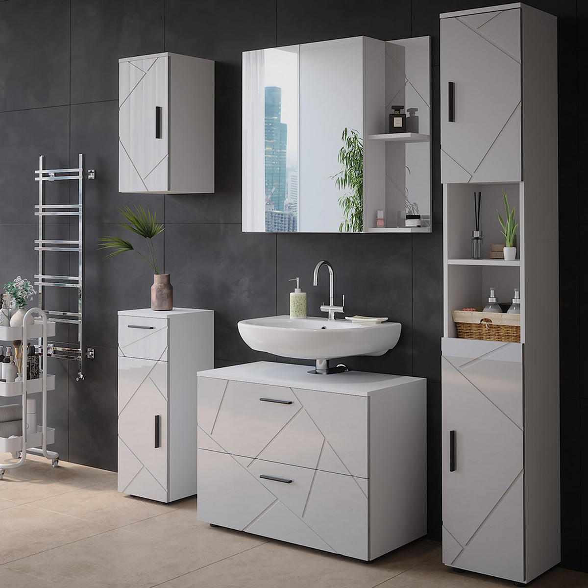 BADSPIEGELSCHRANK Irma Weiß Hochglanz 80 x 75 cm - Weiß Hochglanz/Weiß, Holzwerkstoff (80/75/17.2cm) - Vicco