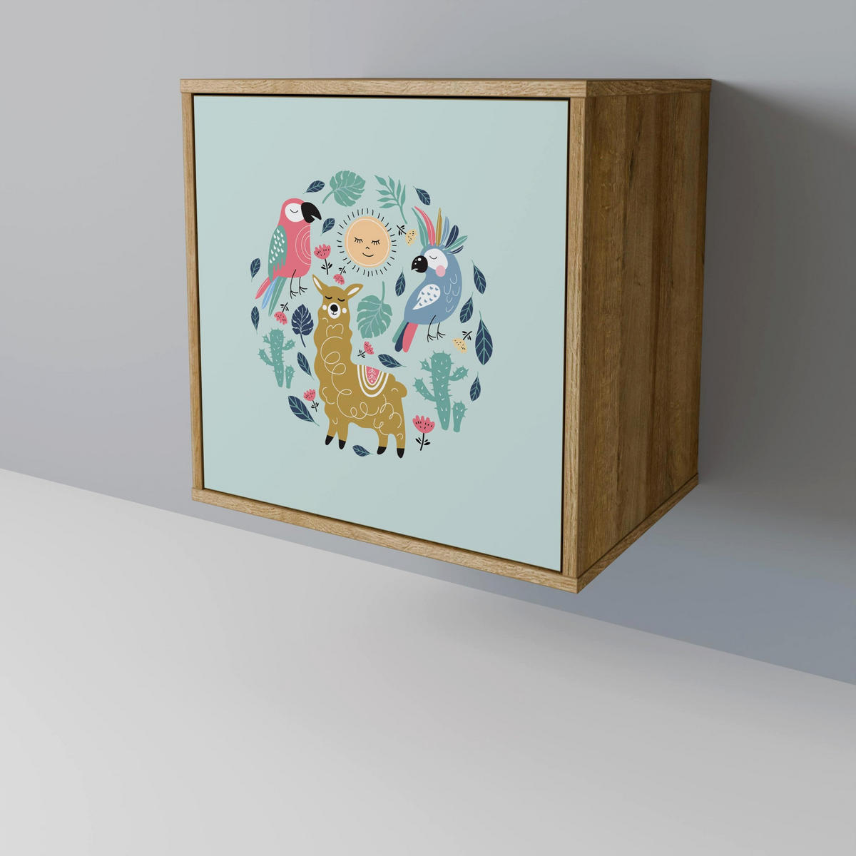 SIDEBOARD COLORFUL ALPACAS, Eichefarben, 57,5x42x77,5 cm, Schräge Buchenholzfüße - Eichefarben/Buchefarben, Holzwerkstoff/Buchenholz (57.5/77.5/42cm) - SpaceRebels