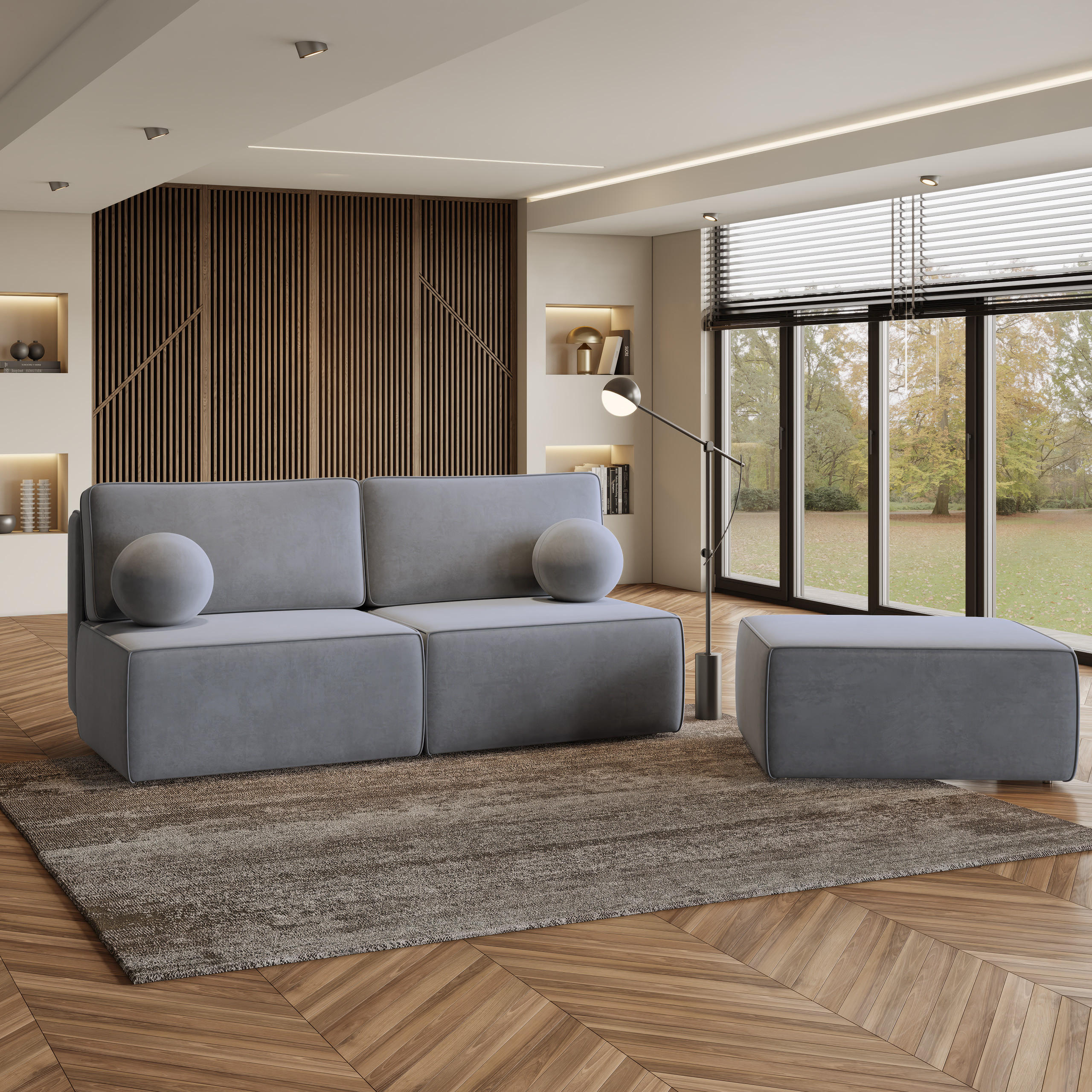 ECKSOFA VARNA M Grau Velours-Stoff mit Schlaffunktion - Grau, Holz (196/158cm) - MASSENO