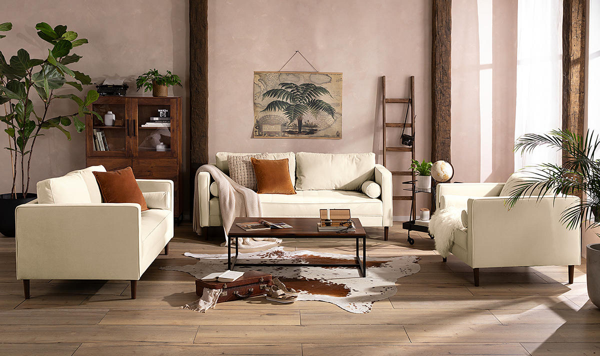 2-SITZER SOFA - Samt - Creme, Textil (150/80/86cm) - home24