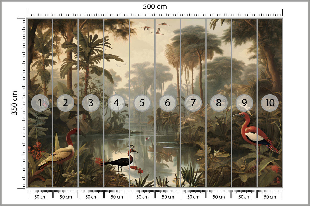 FOTOTAPETE Dschungel Tropische Pflanzen Vögel 500x350 - Gelb/Beige, Papier (500/350cm) - Muralo