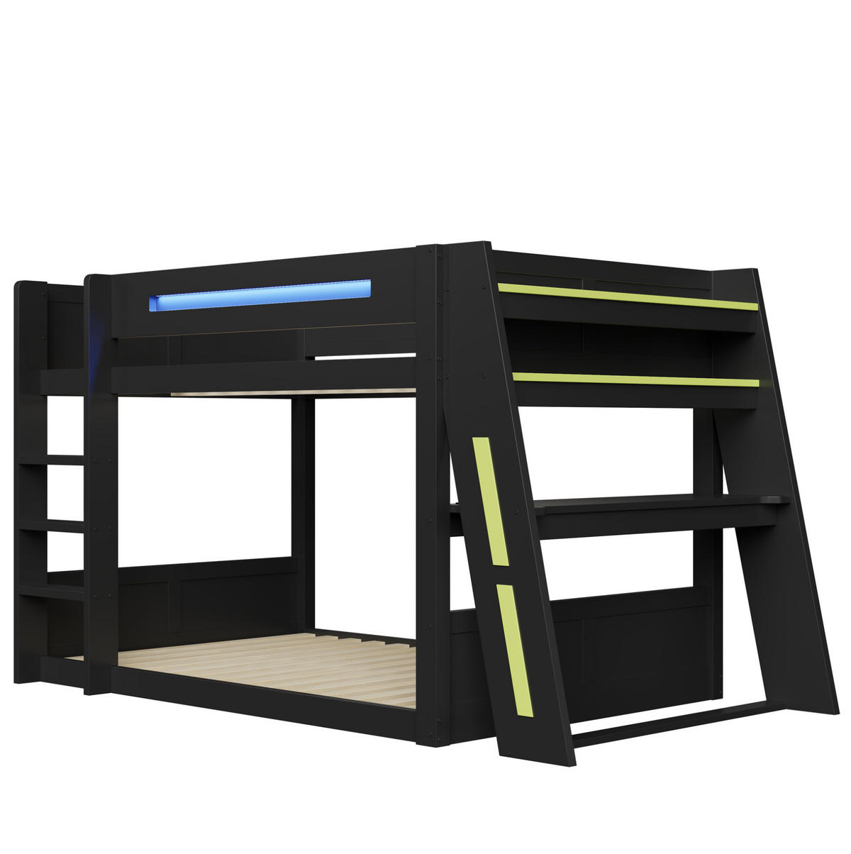 ETAGENBETT 140/200 cm aus MDF und Kiefer mit Schreibtisch, USB, LED und Ablagen, Schwarz/Grün - Schwarz, Holzwerkstoff (140/200cm) - Redom