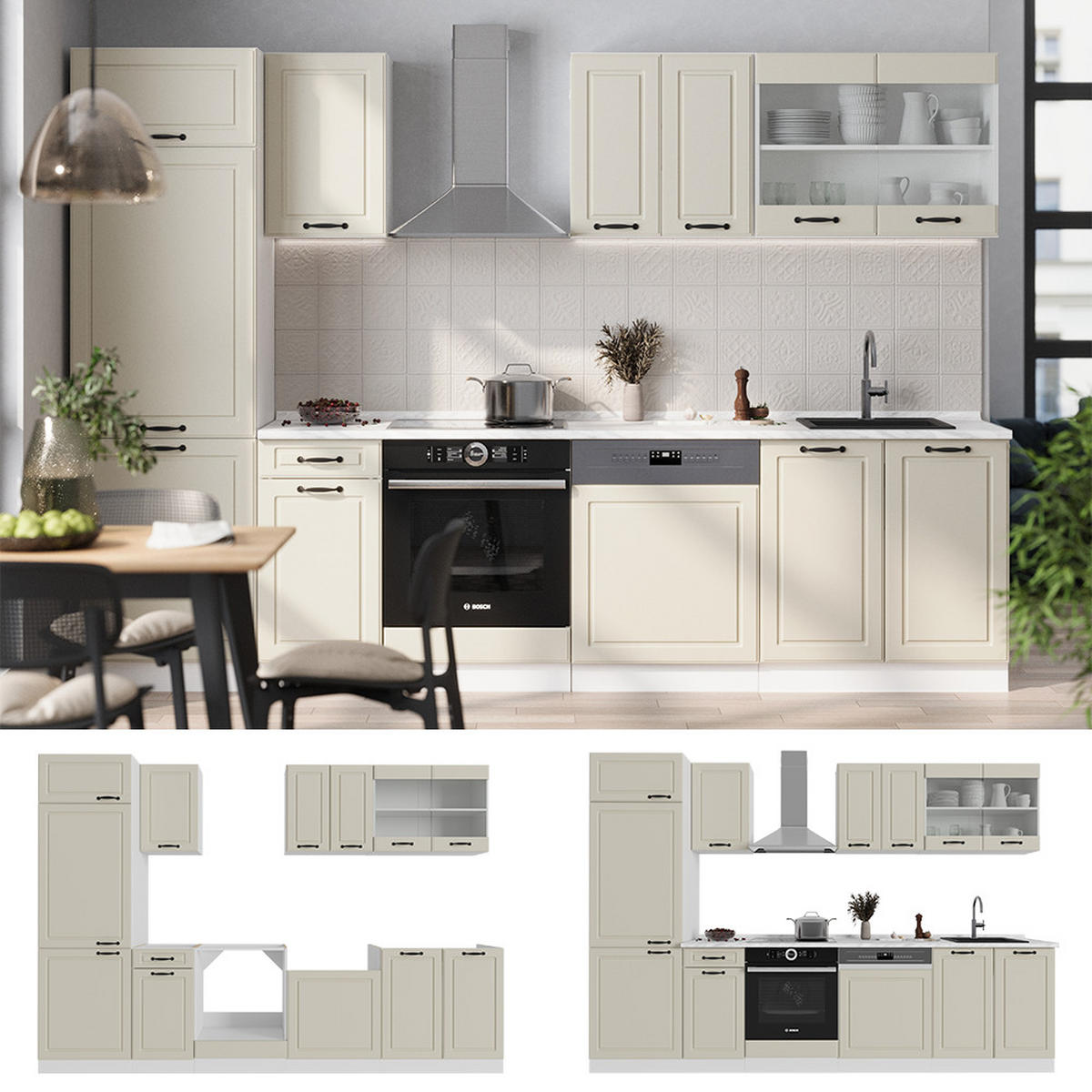 KÜCHENZEILE R-Line, Sand Landhaus/Weiß, 300 cm Arbeitsplatte Marmor - Beige/Weiß, Holzwerkstoff (300/206.8/60cm) - Vicco