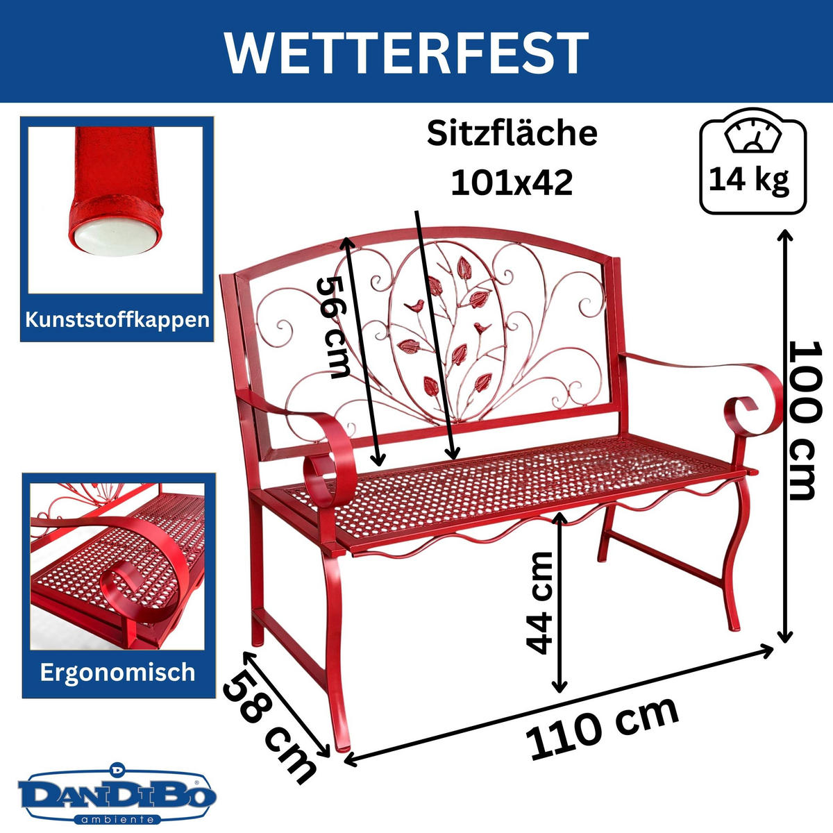 GARTENBANK Rossa Wetterfest 2 Sitzer Metall Rot 110 cm Eisen - Rot, Metall (58/100/110cm) - DanDiBo