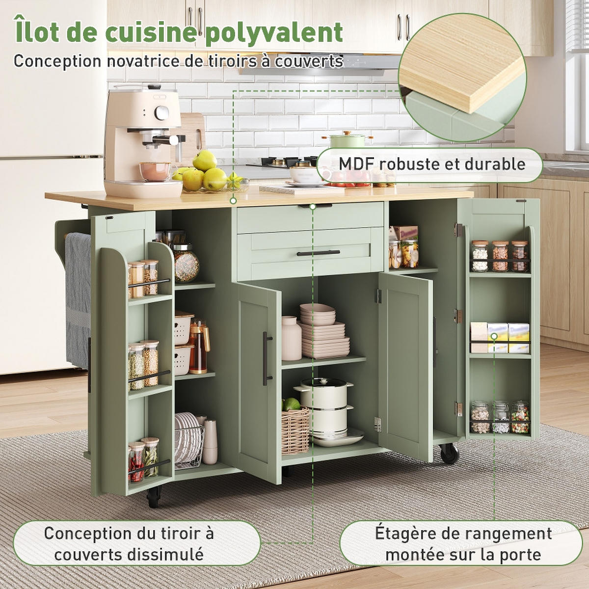 KÜCHENINSEL mit ausziehbarer Arbeitsplatte und verdeckter Besteckschublade, Holzoptik, 136/70/92 cm - Grün, Kunststoff (70/92/136cm) - Rolipo