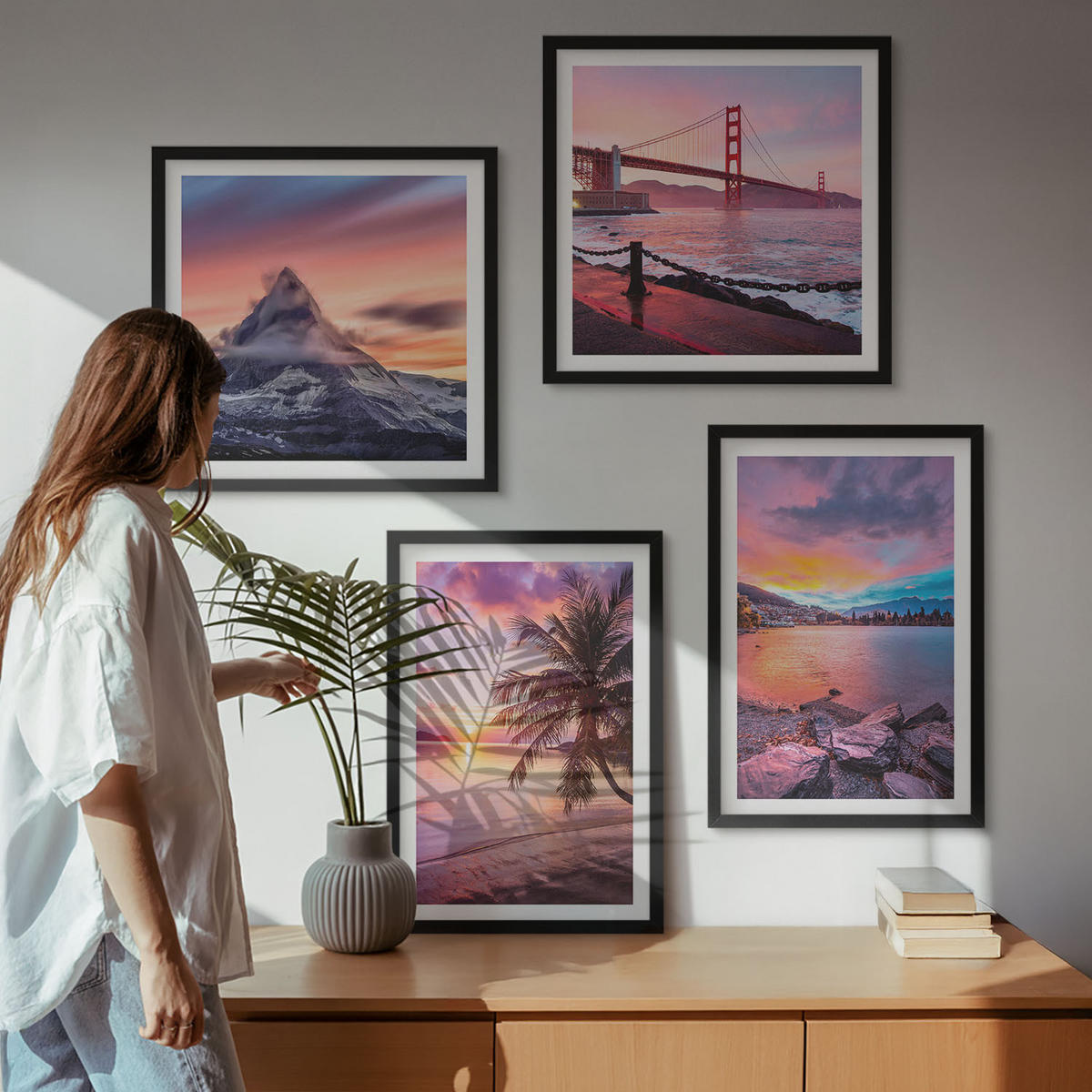 BILDER SET 4er Set - 50x50 cm & 40x60 cm Schwarzer Rahmen - Sonnenuntergangsbrücke Landschaft - Schwarz, Kunststoff (50/50cm) - TULUP