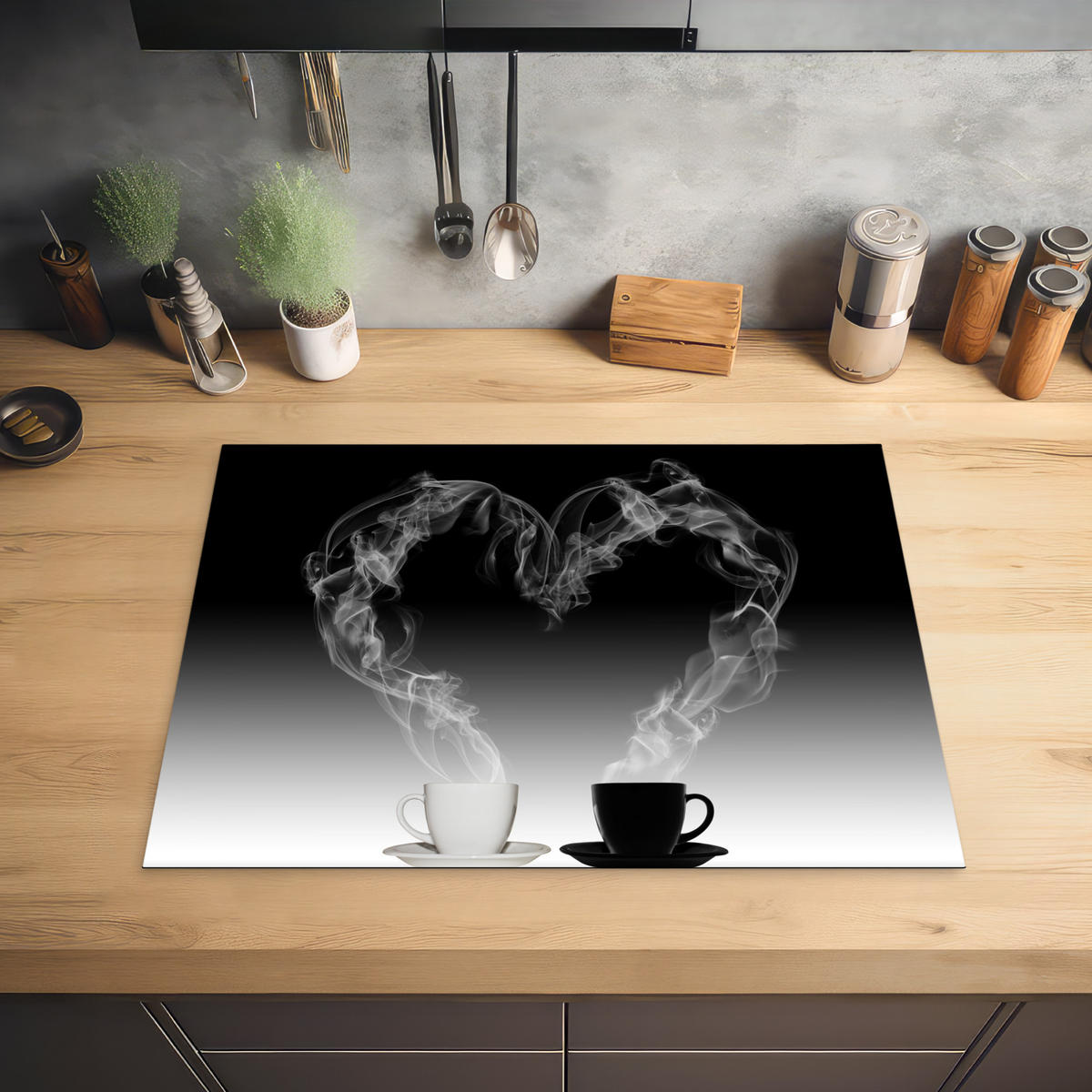 HERDABDECKPLATTE Kaffee - Herz - Schwarz und weiß - Tassen 71x52 cm - Weiß, Kunststoff (71/0.2/52cm) - MuchoWow