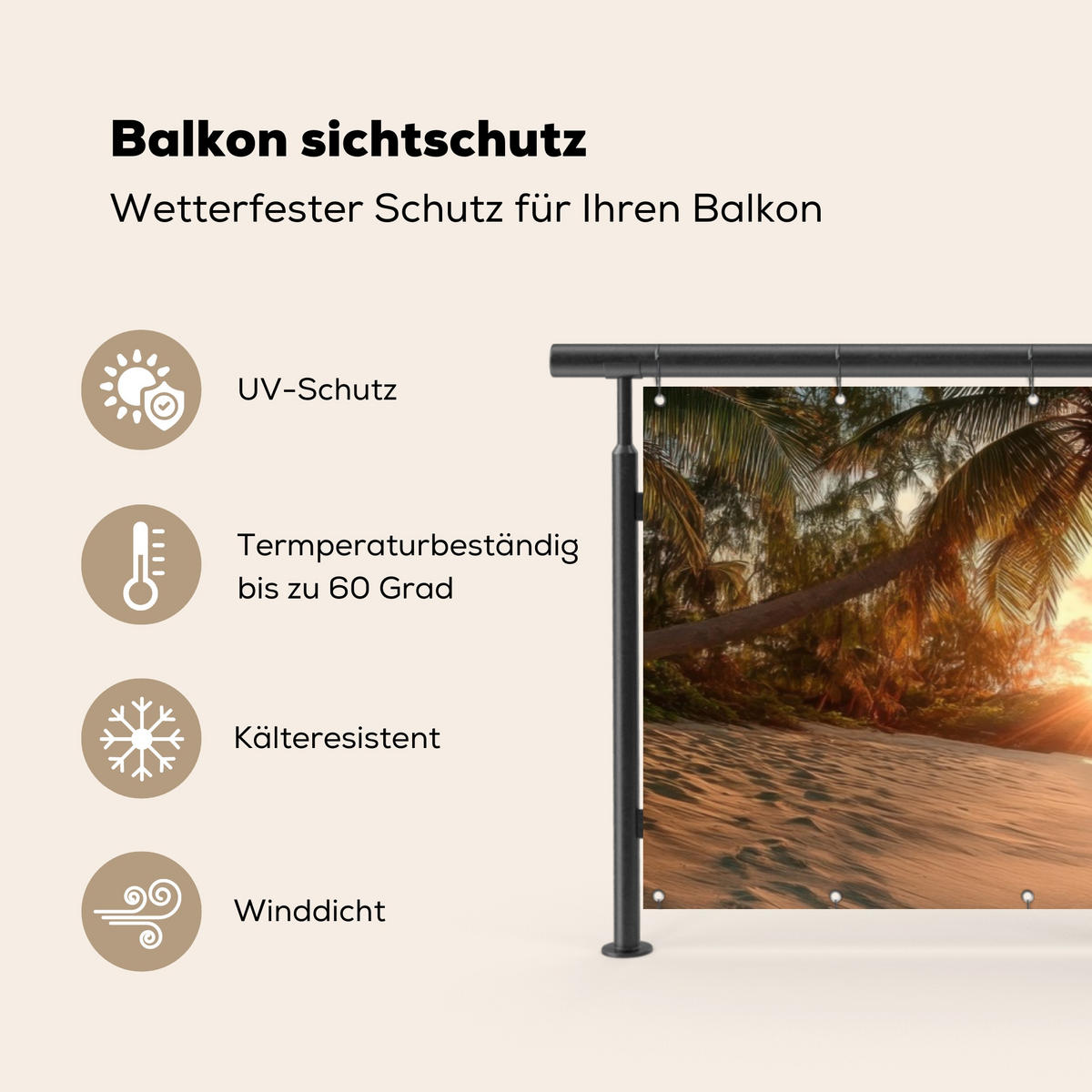 BALKON-SICHTSCHUTZ Strand - Palmen - Meer - Sonnenuntergang 300x90 cm - Samtahornfarben, Kunststoff (300/90cm) - MuchoWow