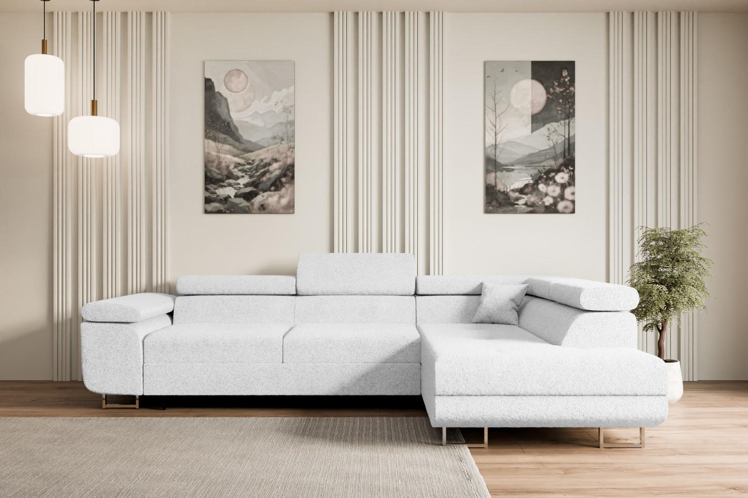 ECKSOFA mit Schlaffunktion und Bettkasten GUSA-L 272x202x107 cm Weiß Bouclé - Silberfarben/Weiß, Holzwerkstoff/Textil (272/202cm) - ALTDECOR