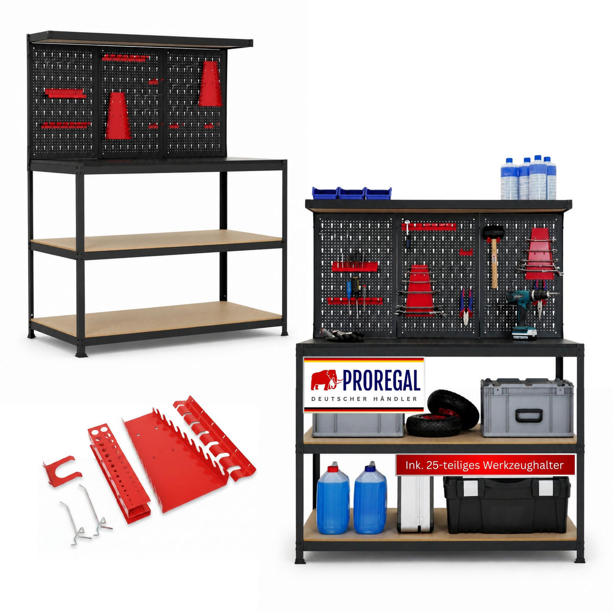 WERKBANK ARES mit Werkzeug Lochwand & Werkzeughalter-Set - Schwarz, Metall (120/155/60cm) - PROREGAL