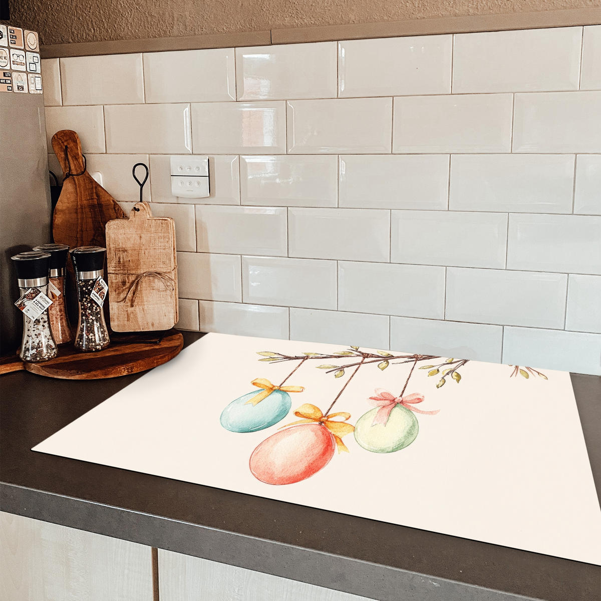 HERDABDECKPLATTE Osterkuchen - Schleife - Eier Ceranfeldabdeckung 76x51.5 cm - Creme, Kunststoff (76/51.5/0.2cm) - MuchoWow