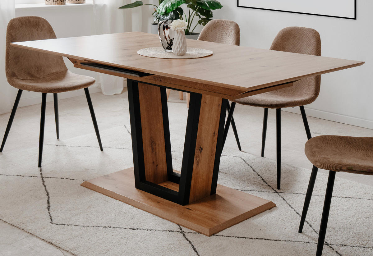 ESSTISCH Eiche Artisan, schwarz, Säulentisch ausziehbar 160 - 200 x 90 cm - Schwarz/Eiche Artisan, Holzwerkstoff/Metall (160/90/76cm) - Furn.Design