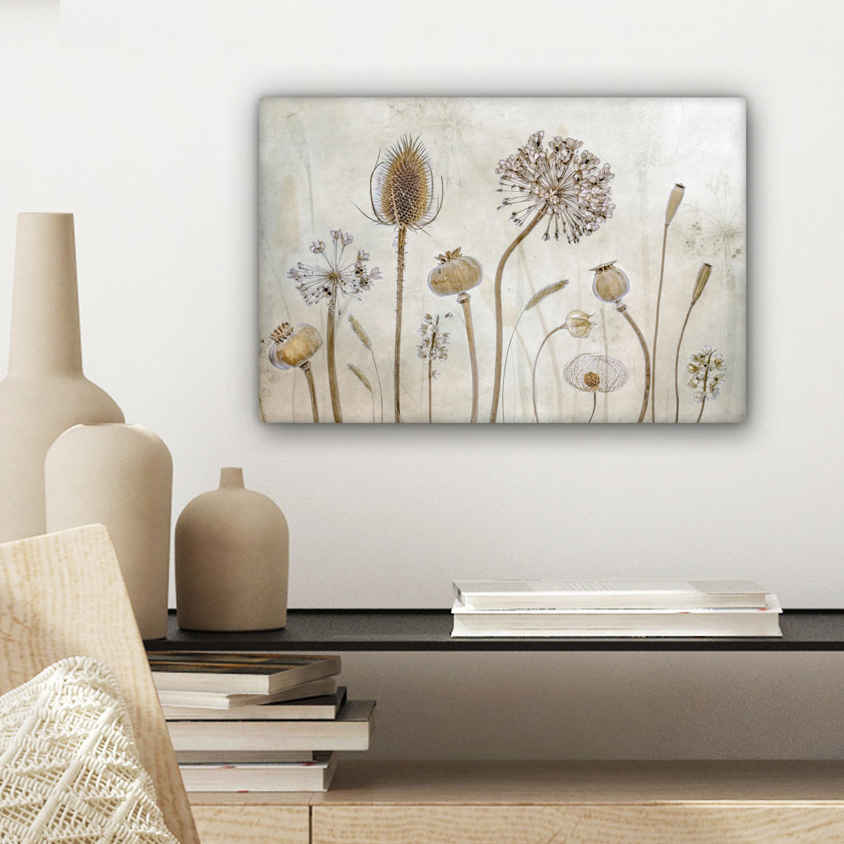 LEINWANDBILD Blumen - Aquarell - Stilleben - Braun - Vintage Deko Schlafzimmer 30x20 cm - Beige, Textil (30/20cm) - MuchoWow