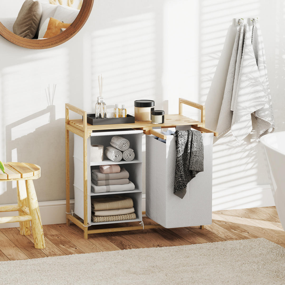 WÄSCHEKORB 4 Fächer Wäschesammler, 70 x 36 x 70 cm Bambus Weiß - Naturfarben/Weiß, Naturmaterialen/Bambusholz (36/70/70cm) - HOMCOM