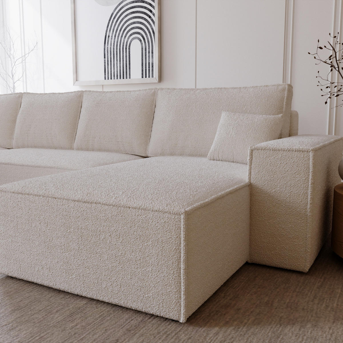 ECKCOUCH Bergamo U Bouclé mit Schlaffunktion, 380 cm, Creme - Creme, Holz (377/189cm) - Emporius