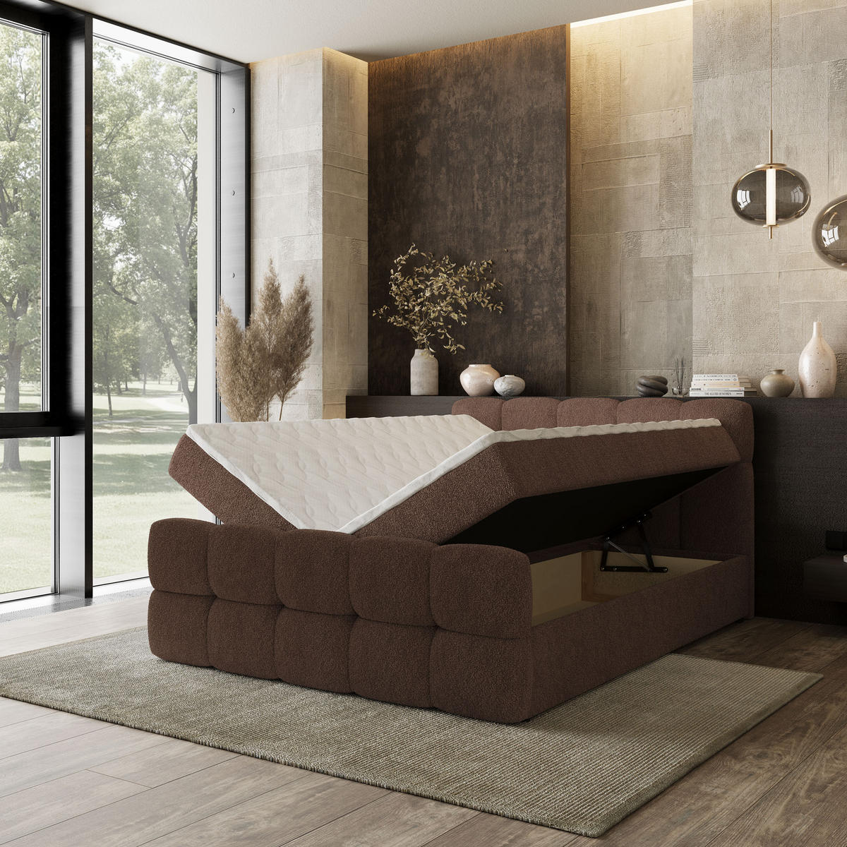 BOXBETT BRUME 160x200 cm mit Matratze und Topper, H2+H3 - Braun - Braun, Holz (160/200cm) - MASSENO