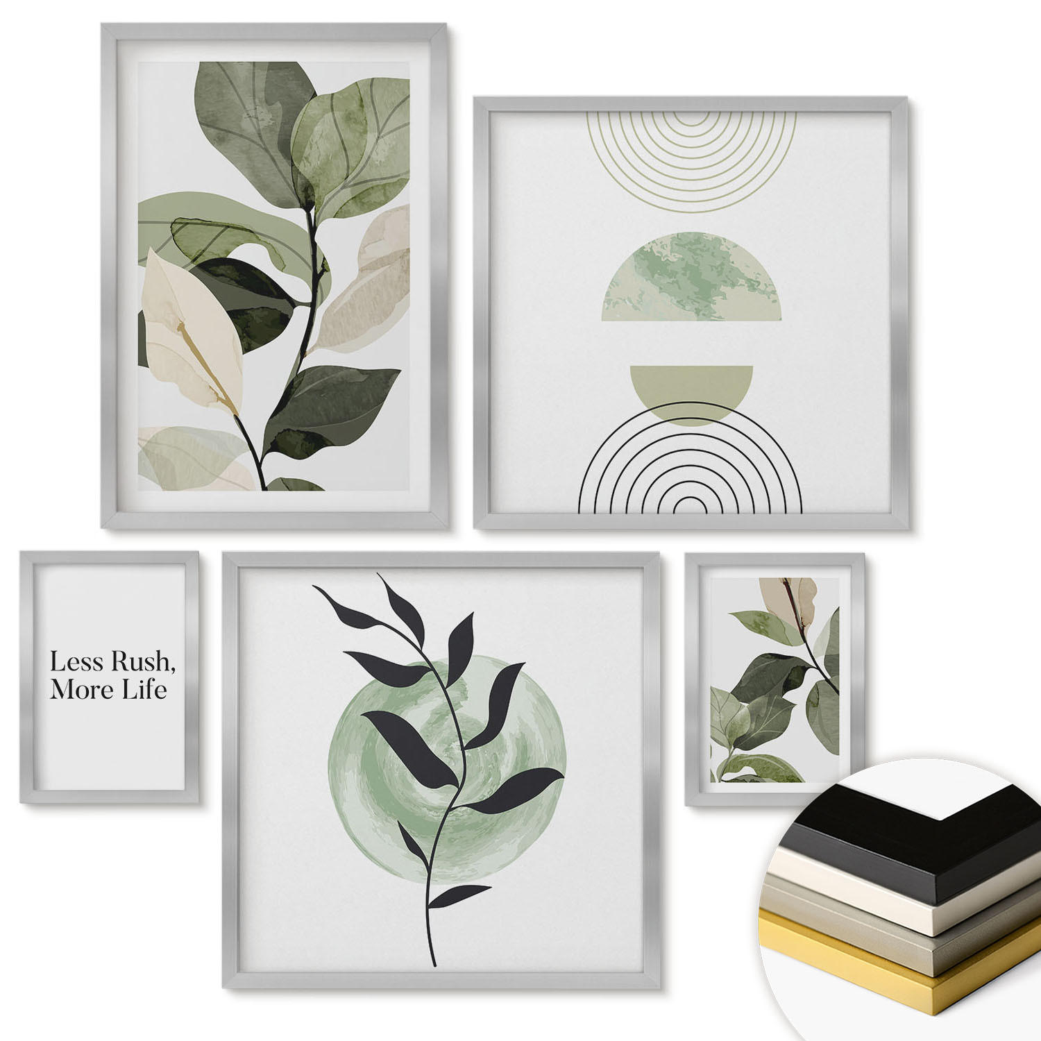 WANDBILDER 5er Set - 50x50 cm & 20x30 cm & 40x60 cm Silberner Rahmen - Geometrische Pflanzenformen - Silberfarben, Kunststoff (40/60cm) - ArtPrintCave