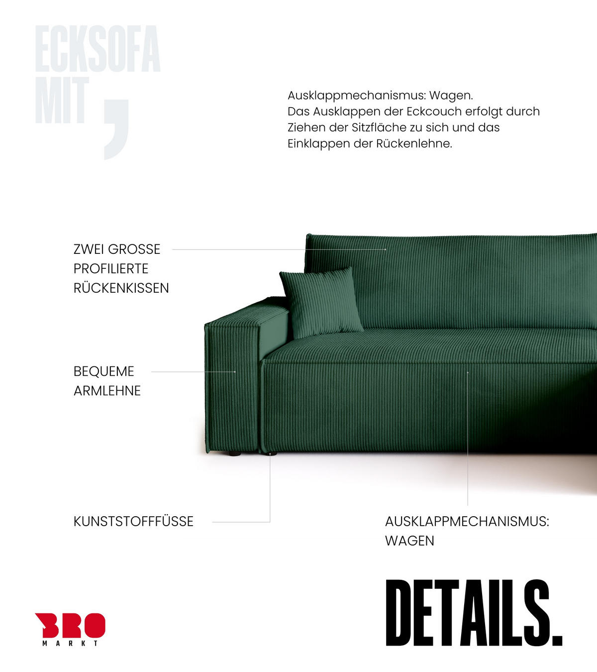 ECKSOFA ADI XL mit Schlaffunktion Dunkelgrün Cord - Dunkelgrün, Textil (272/143cm) - Bromarkt